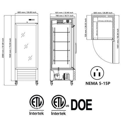 Commercial Refrigerator Single Glass Door Stainless Steel 27"W 18.68 Cu.ft.