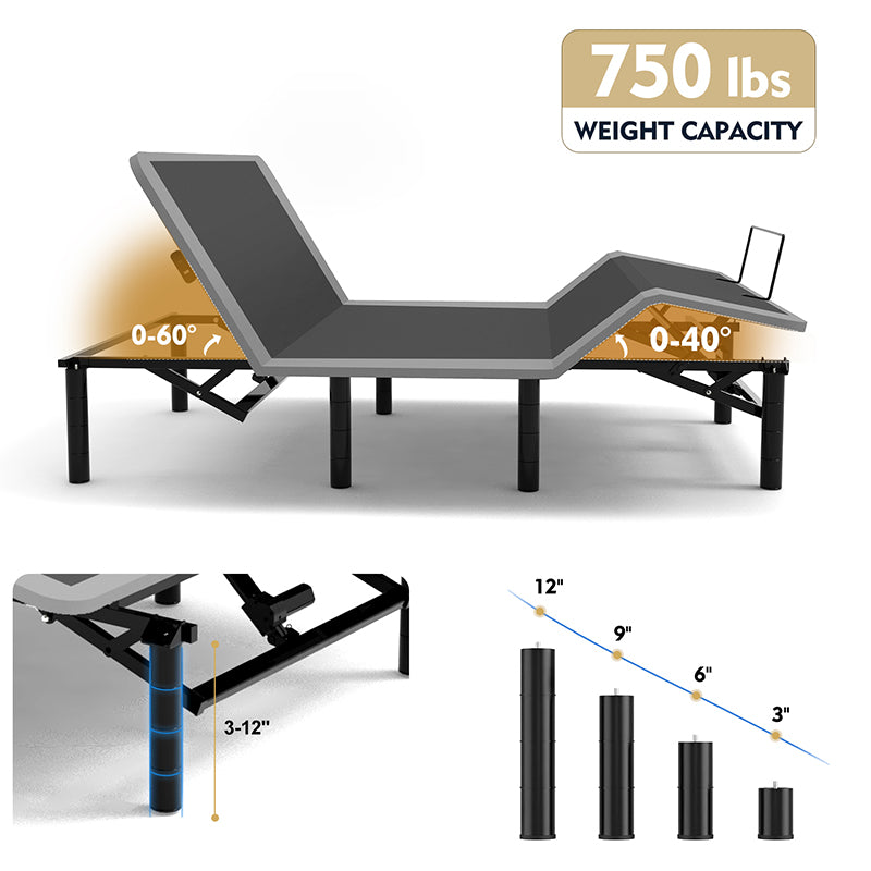 Adjustable Bed Frame with Massage Head & Foot Incline Queen Size Wireless Remote, two types of USB ports: Type-A and Type-C