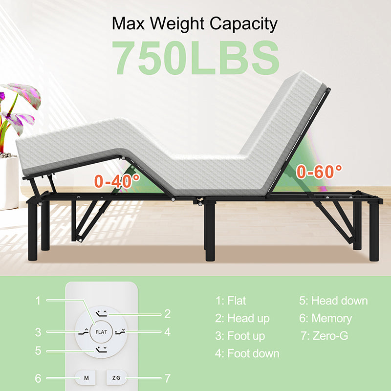 Adjustable Bed Base Frame Queen Size, Dual USB A+C Ports, Remote Control with ZG and Memory Keys