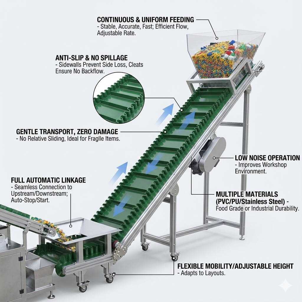 Detailed features of the inclined cleated belt elevator for food-grade materials