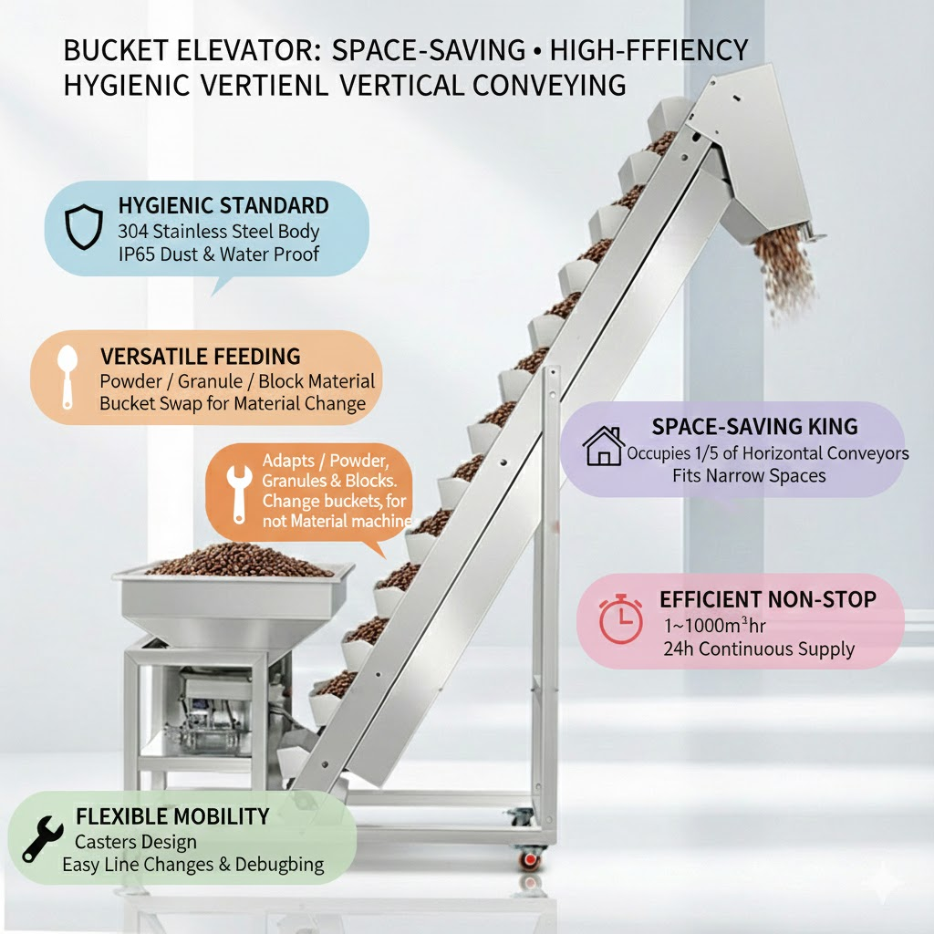 Technical diagram showing the inclined bucket elevator structure and features