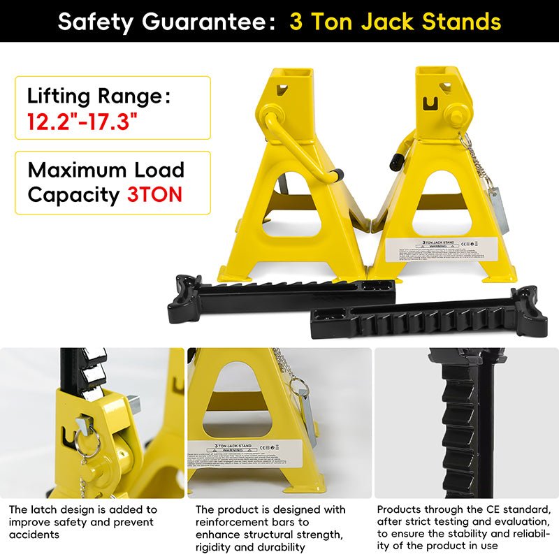Lifting Range 3.35" - 14.17",2.25Ton Hydraulic Floor Jack,3 Ton Jack Stands