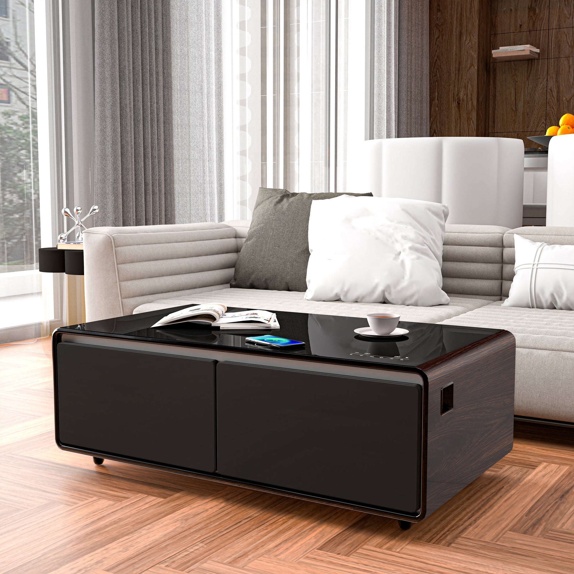 Modern Smart Coffee Table with Built - in Fridge, Bluetooth Speaker