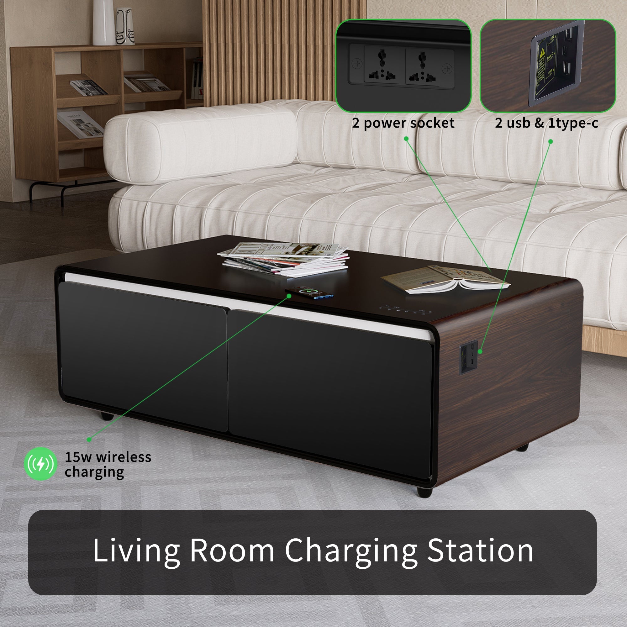 Modern Smart Coffee Table with Built - in Fridge, Bluetooth Speaker