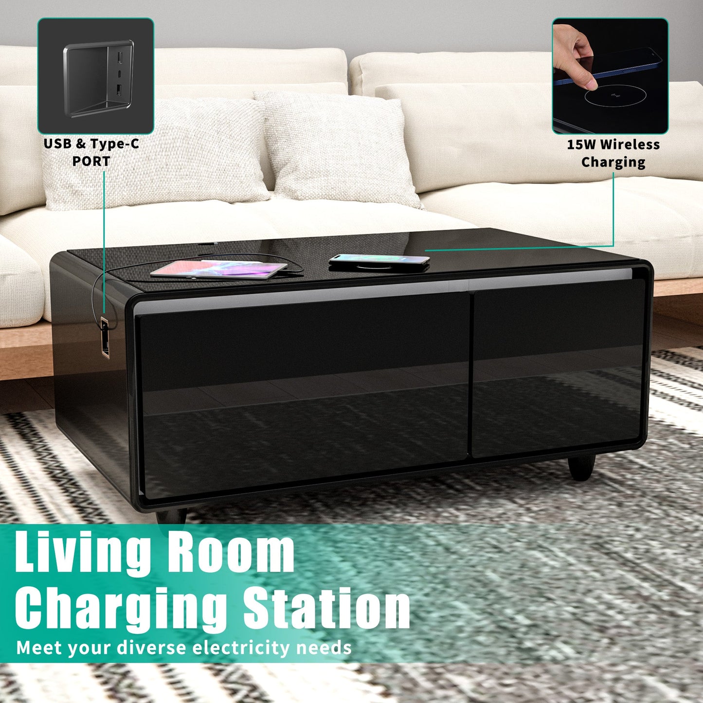 Modern Smart Coffee Table with Built - in Fridge Bluetooth Speaker Black