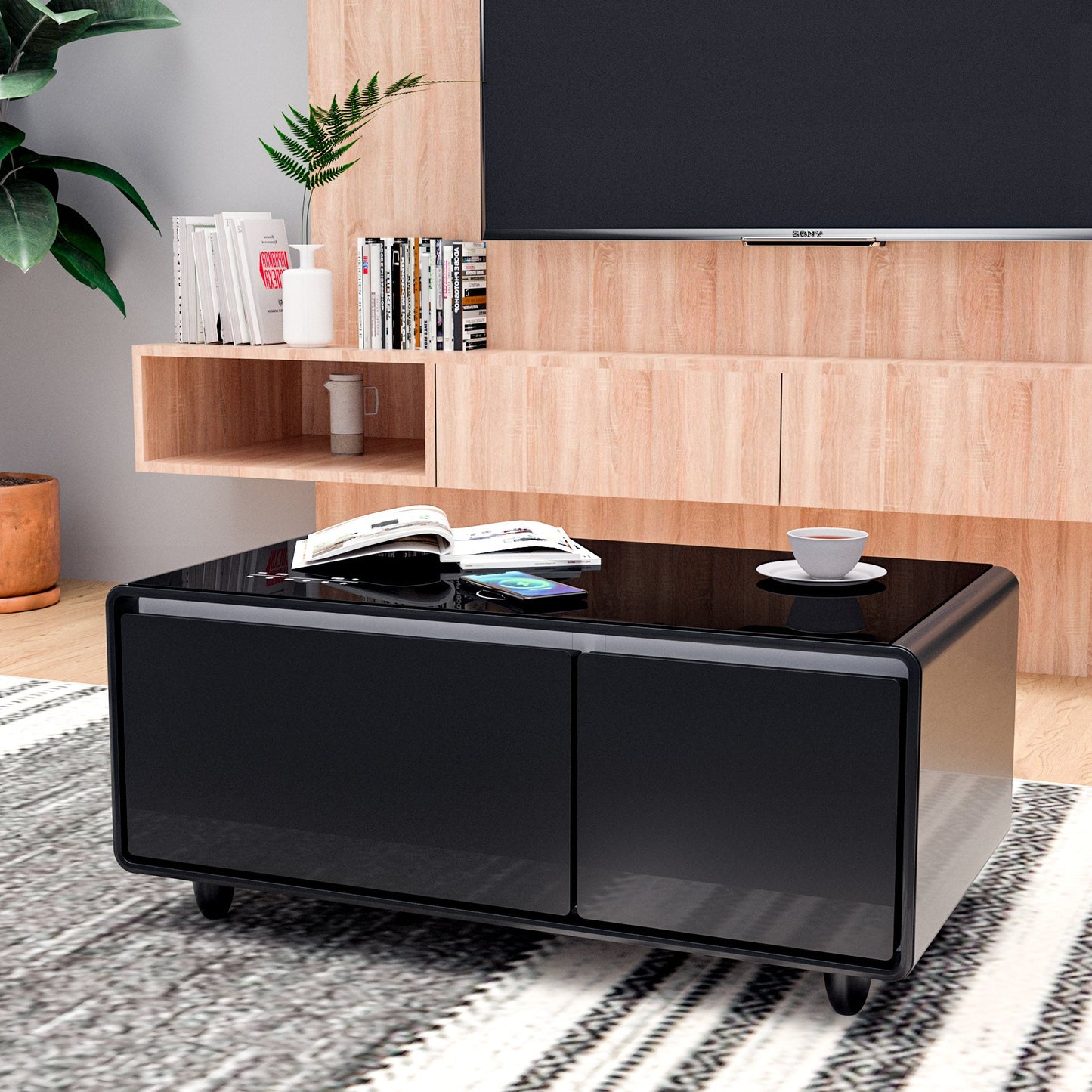Modern Smart Coffee Table with Built - in Fridge Bluetooth Speaker Black