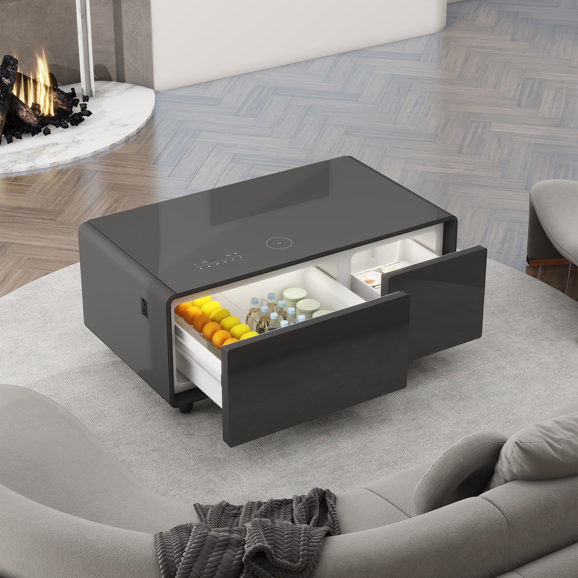 Modern Smart Coffee Table with Built - in Fridge Bluetooth Speaker Black