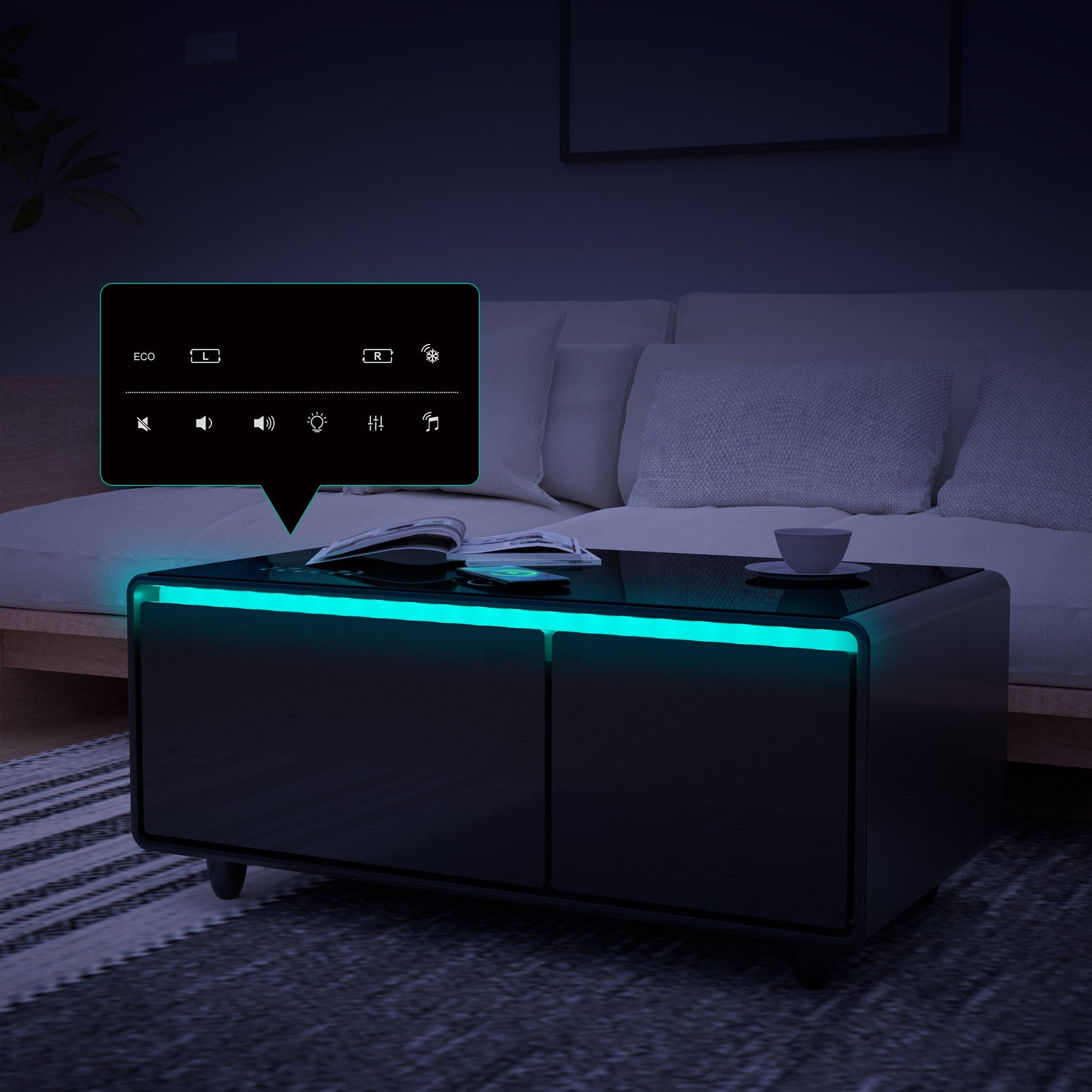 Modern Smart Coffee Table with Built - in Fridge Bluetooth Speaker Black