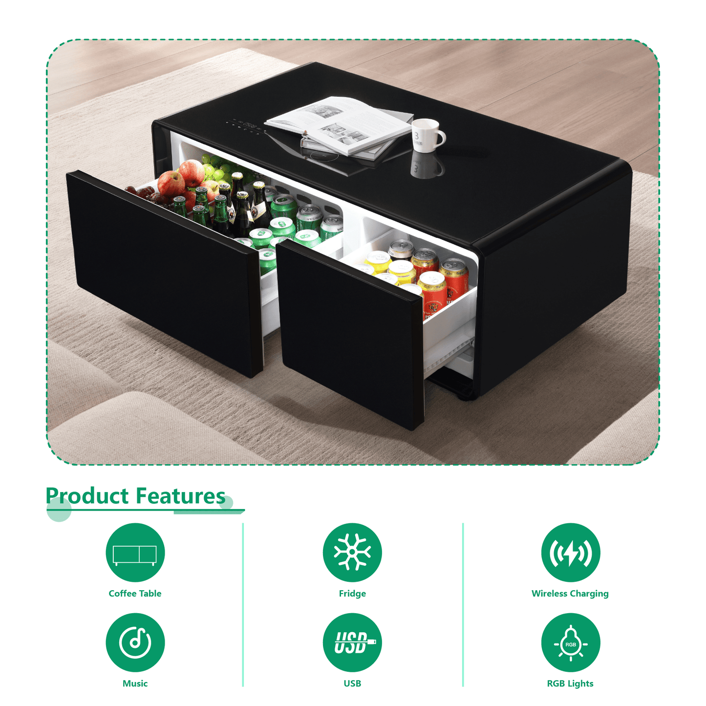 Modern Smart Coffee Table with Built - in Fridge Bluetooth Speaker Black