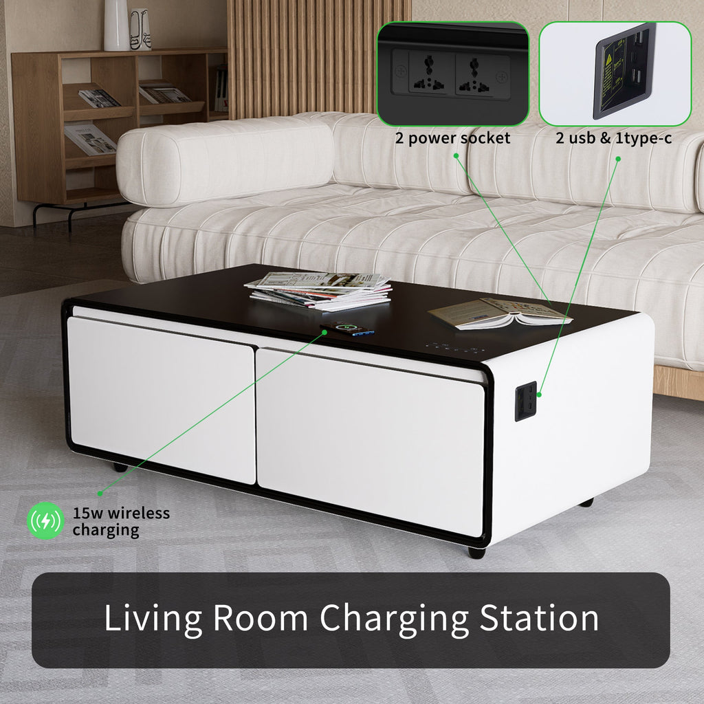 Modern Smart Coffee Table with Built - in Fridge Power Socket White