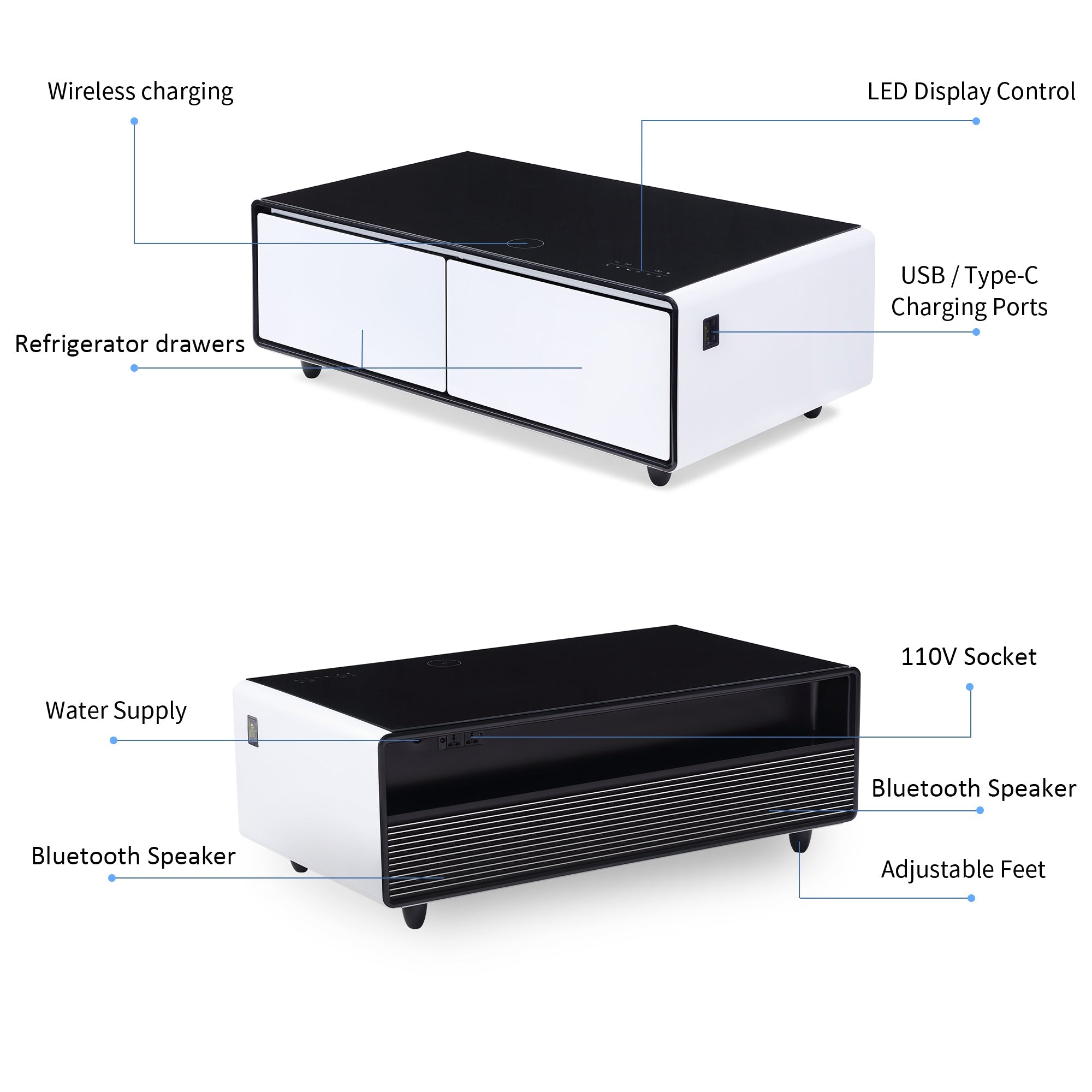 Modern Smart Coffee Table with Built - in Fridge Power Socket White