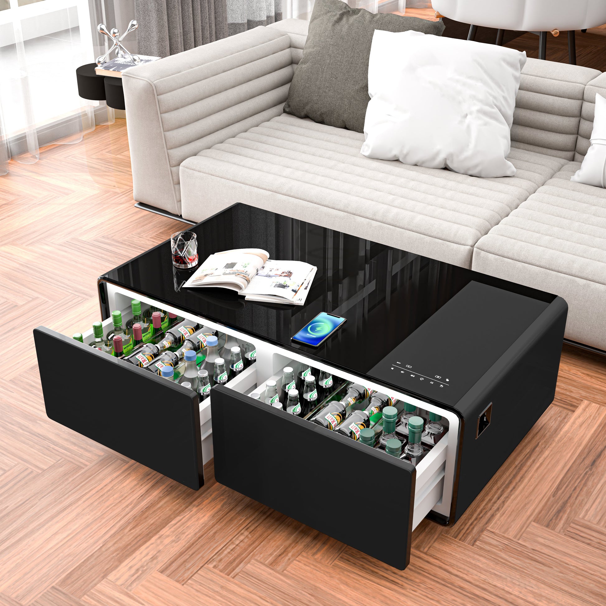Modern Smart Coffee Table with Built - in Fridge Power Socket White