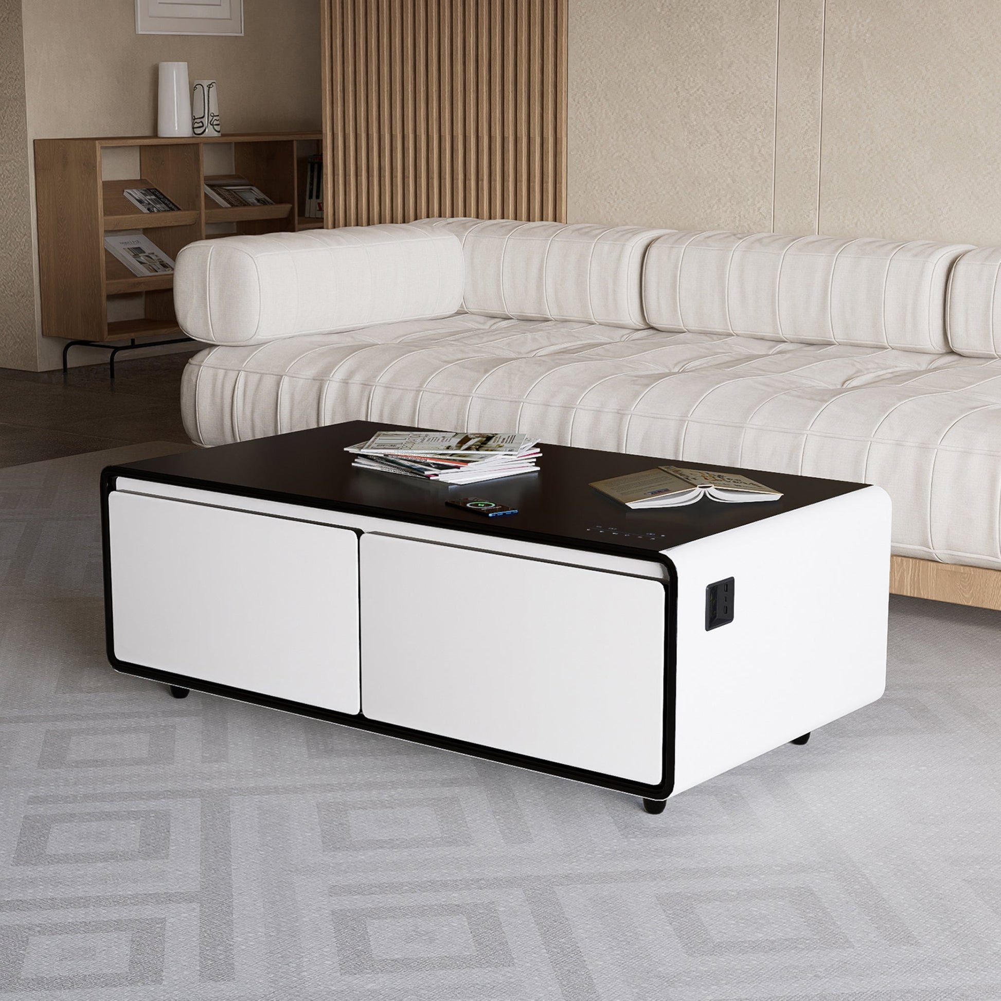 Modern Smart Coffee Table with Built - in Fridge Power Socket White