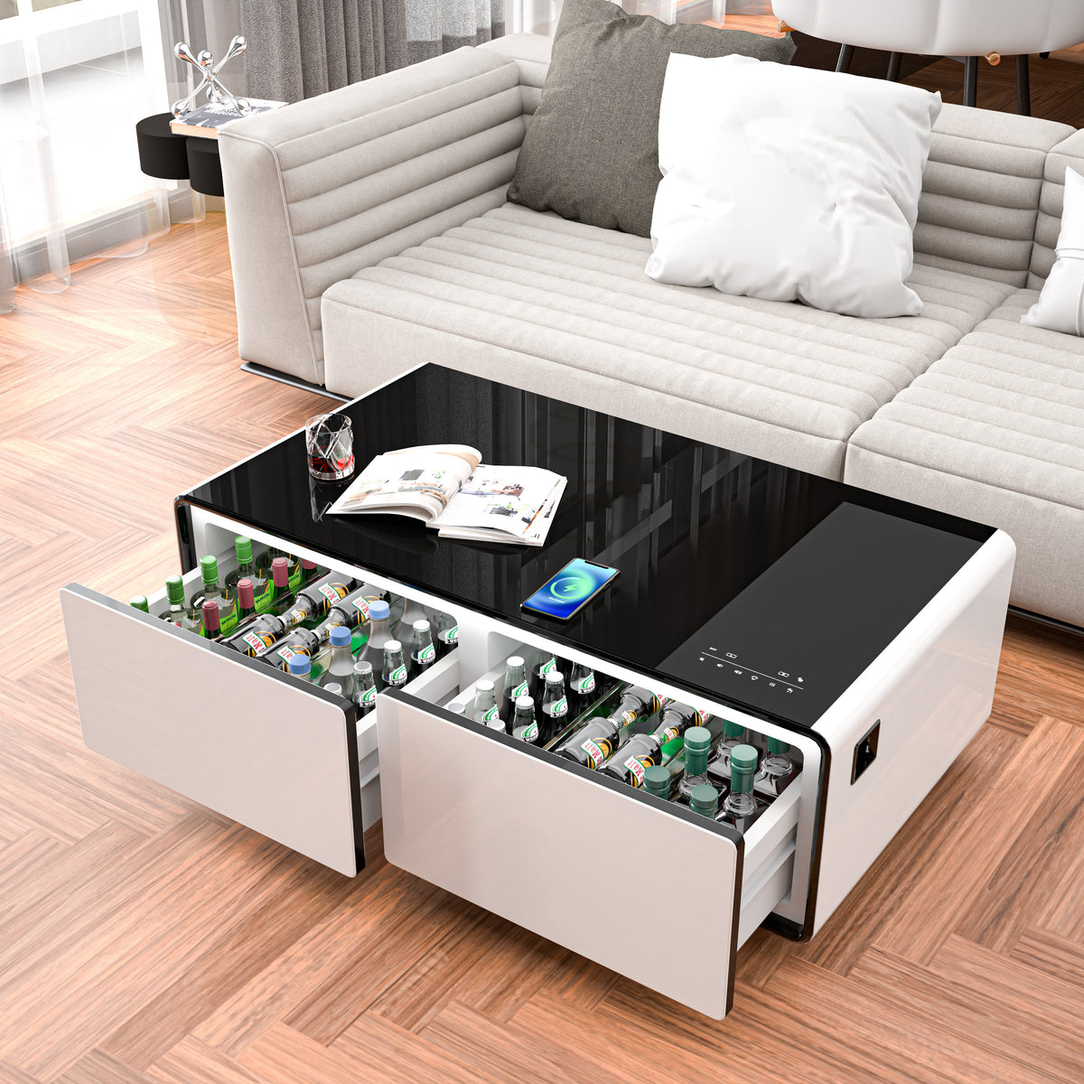 Modern Smart Coffee Table with Built - in Fridge Power Socket White