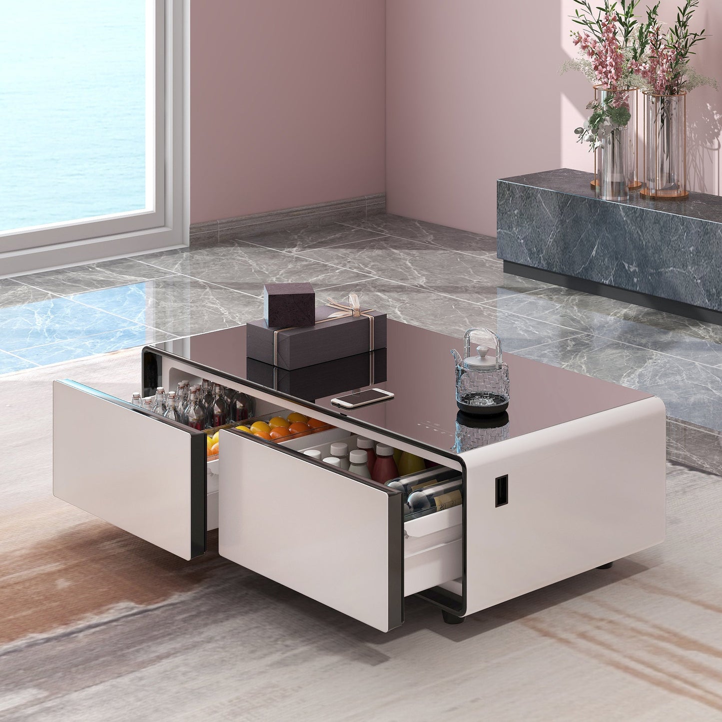 Modern Smart Coffee Table with Built - in Fridge Power Socket White