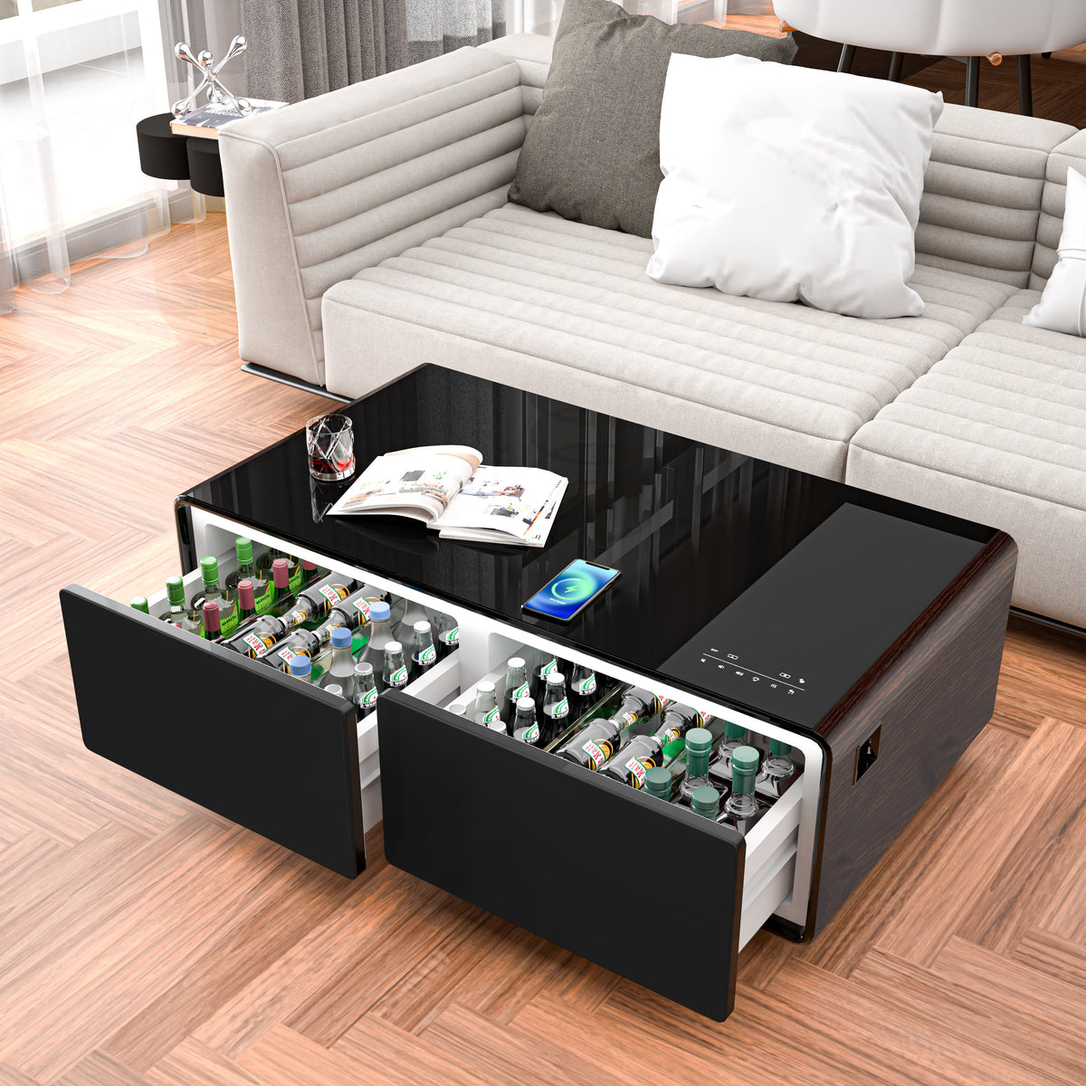 Modern Smart Coffee Table with Built - in Fridge Power Socket White