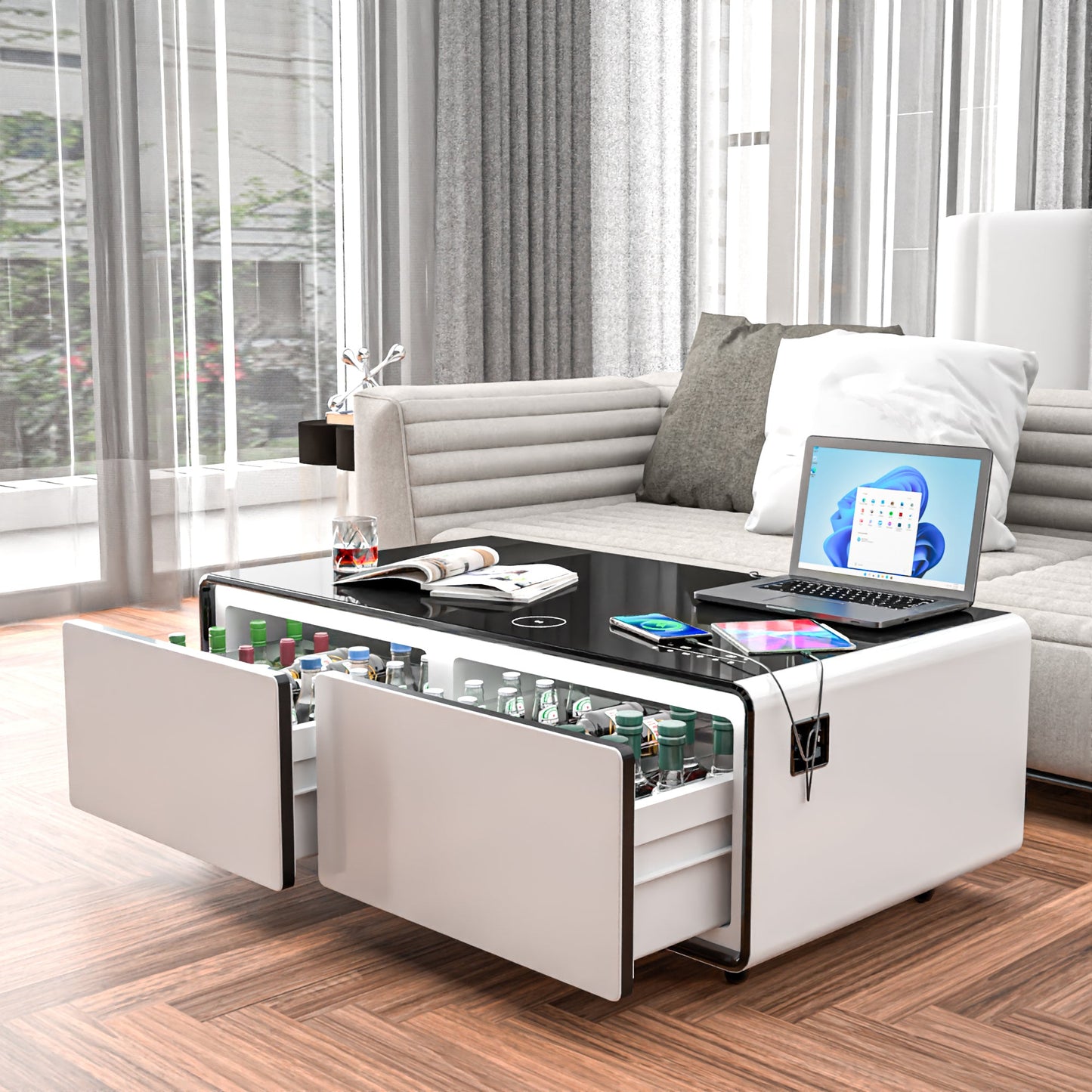 Modern Smart Coffee Table with Built - in Fridge Power Socket White