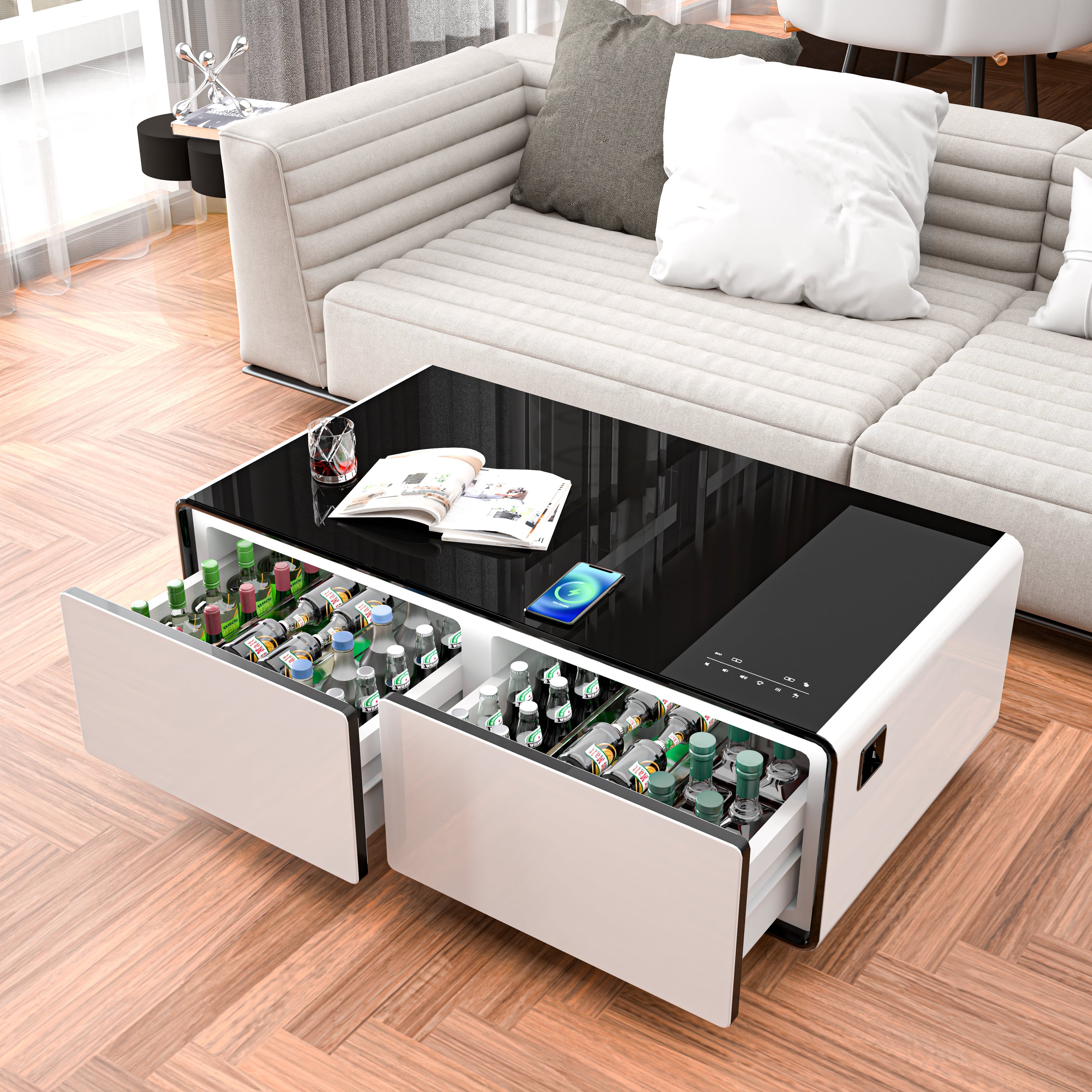 Modern Smart Coffee Table with Built - in Fridge Touch Control Panel