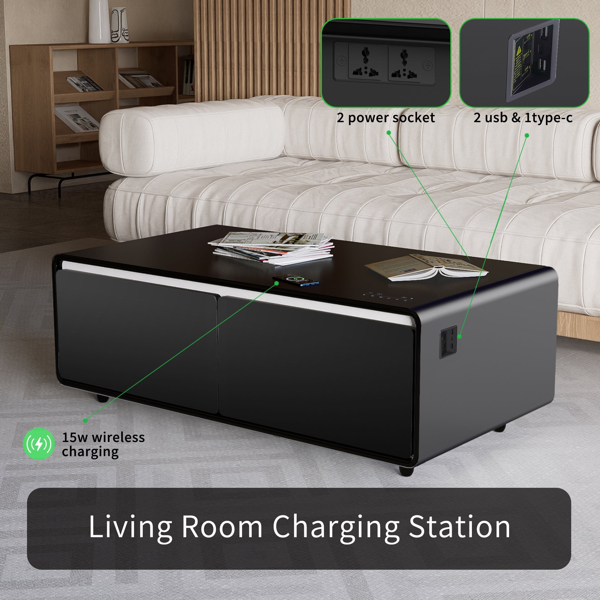 Modern Smart Coffee Table with Built - in Fridge Touch Control Panel