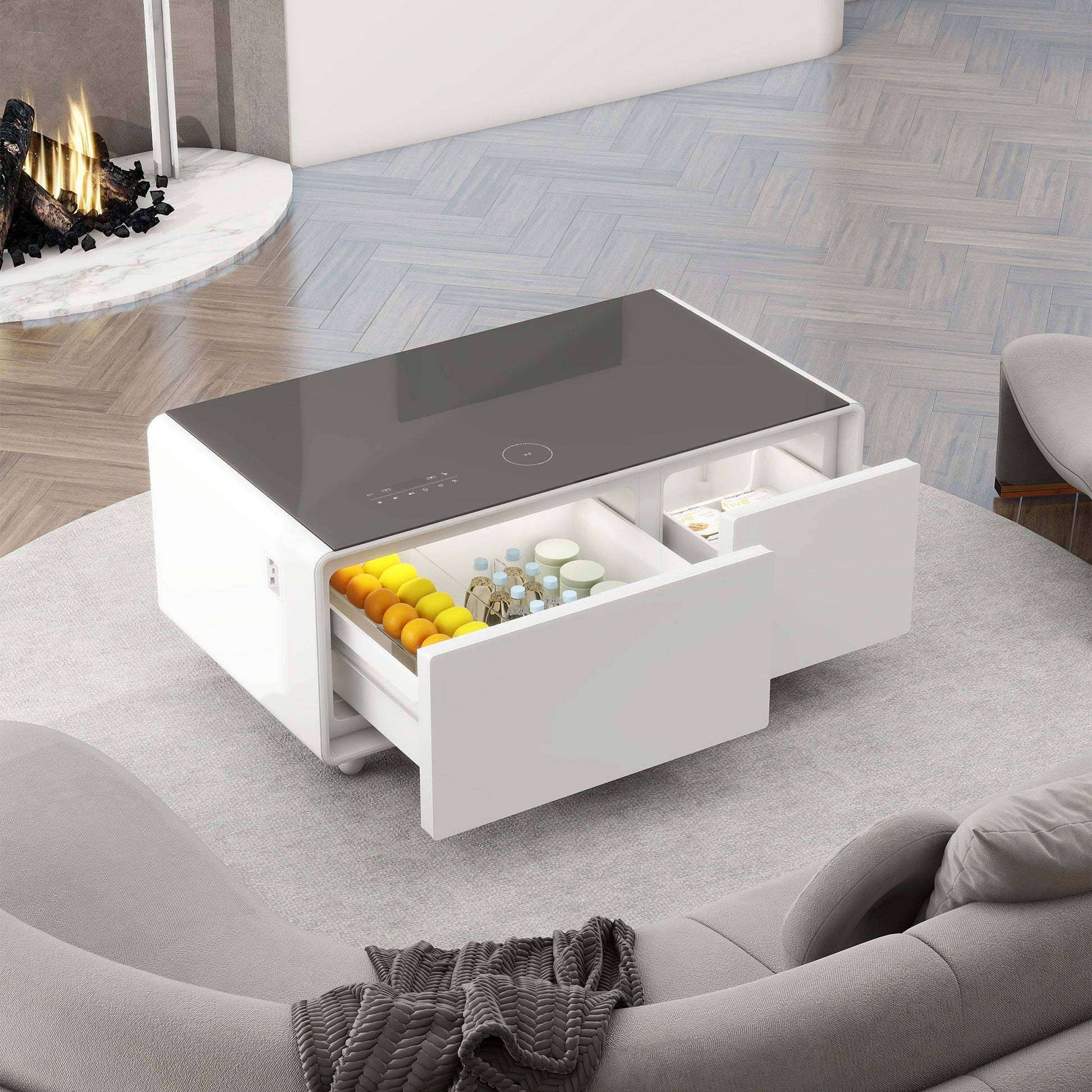 Modern Smart Coffee Table with Built - in Fridge Touch Control Panel