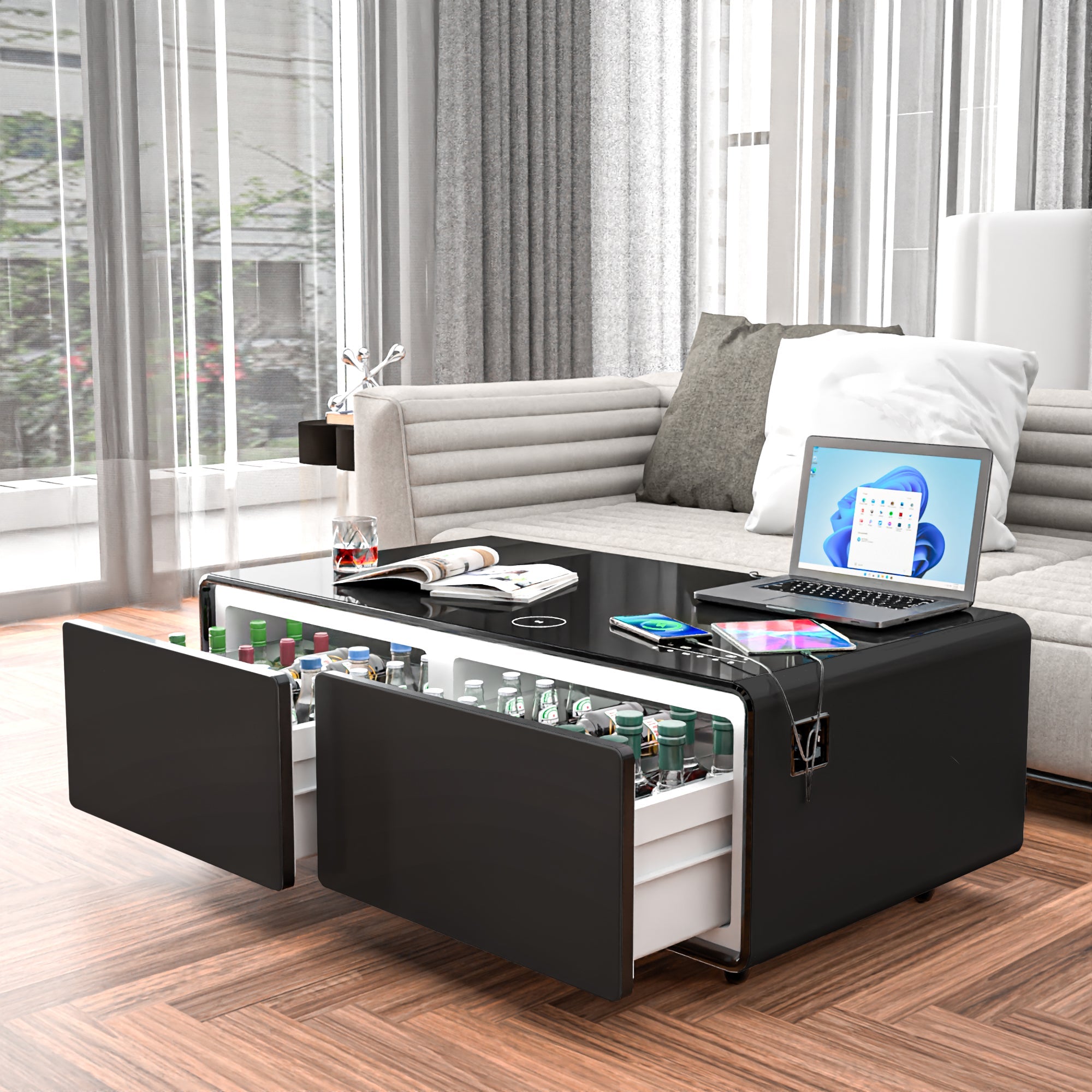 Modern Smart Coffee Table with Built - in Fridge Touch Control Panel