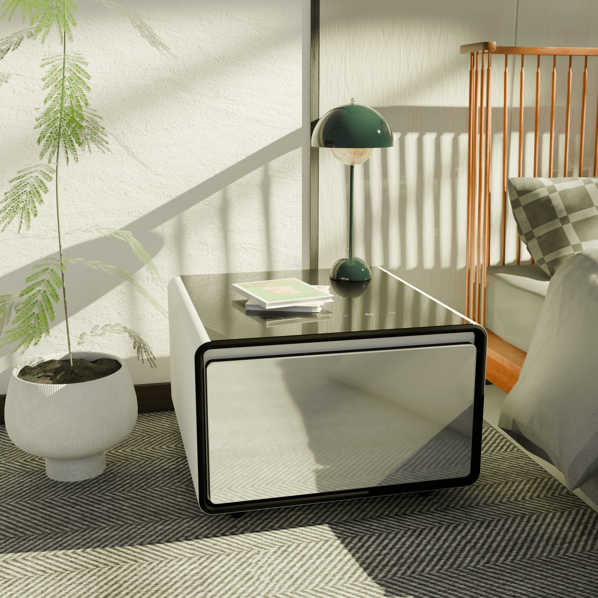 Modern Smart Side Table with Built - in Fridge Temperature Control White