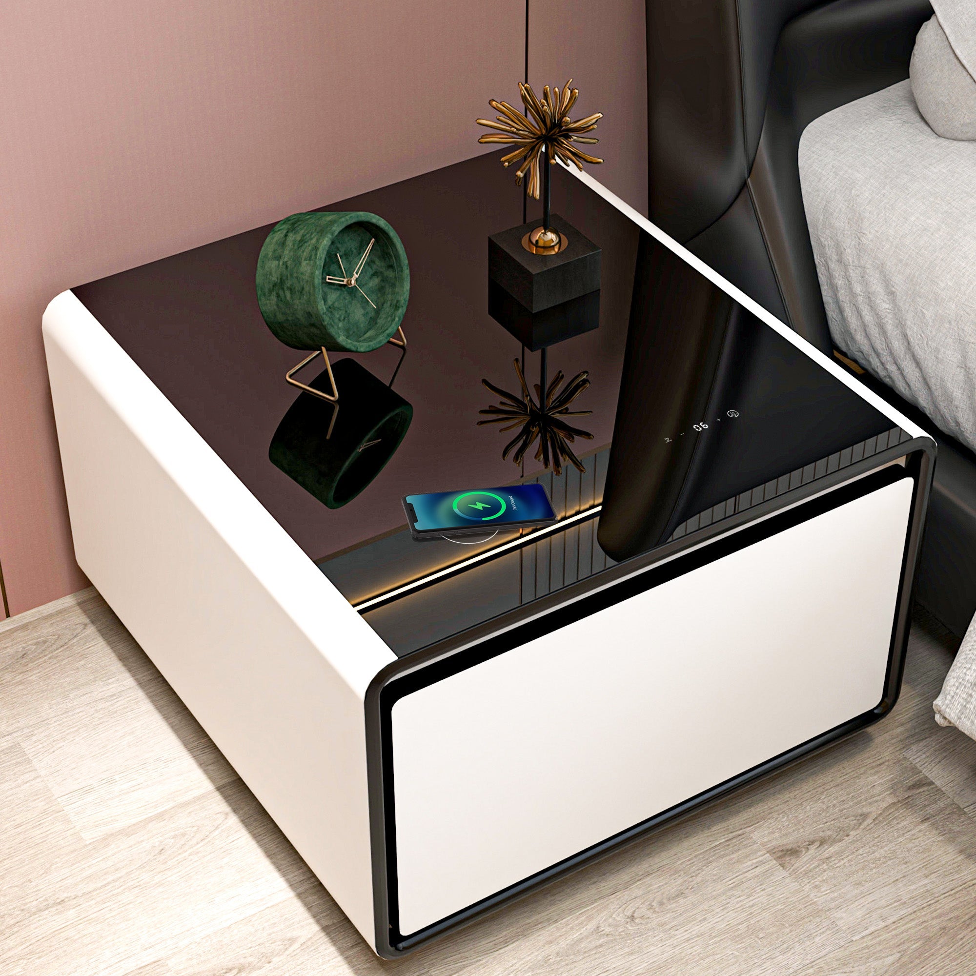 Modern Smart Side Table with Built - in Fridge Temperature Control White