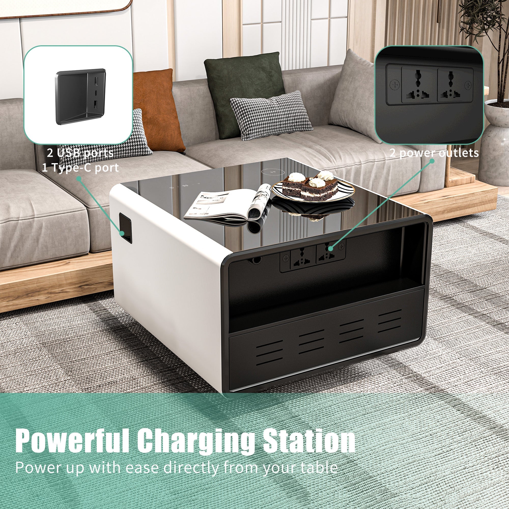 Modern Smart Side Table with Built - in Fridge Temperature Control White