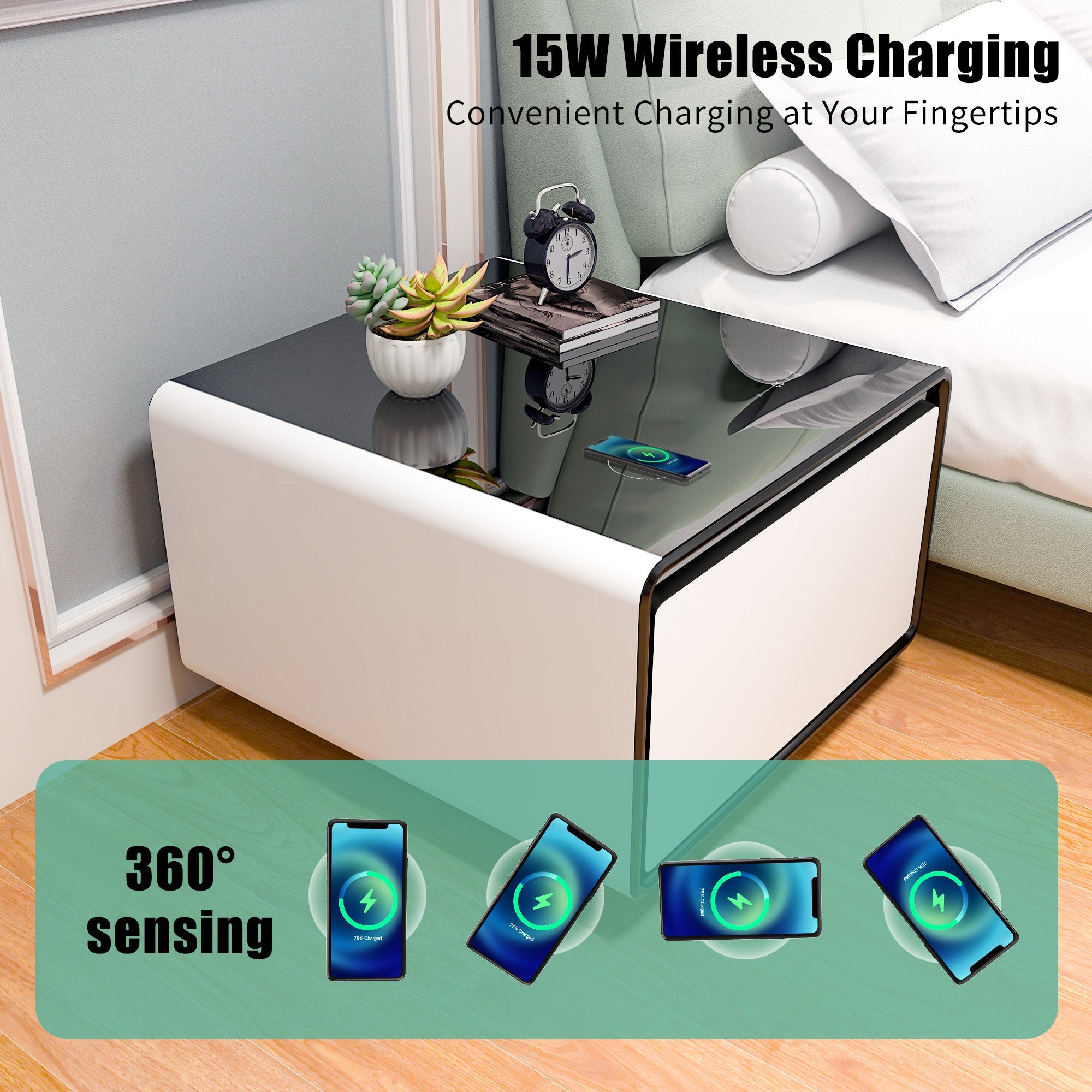 Modern Smart Side Table with Built - in Fridge Temperature Control White