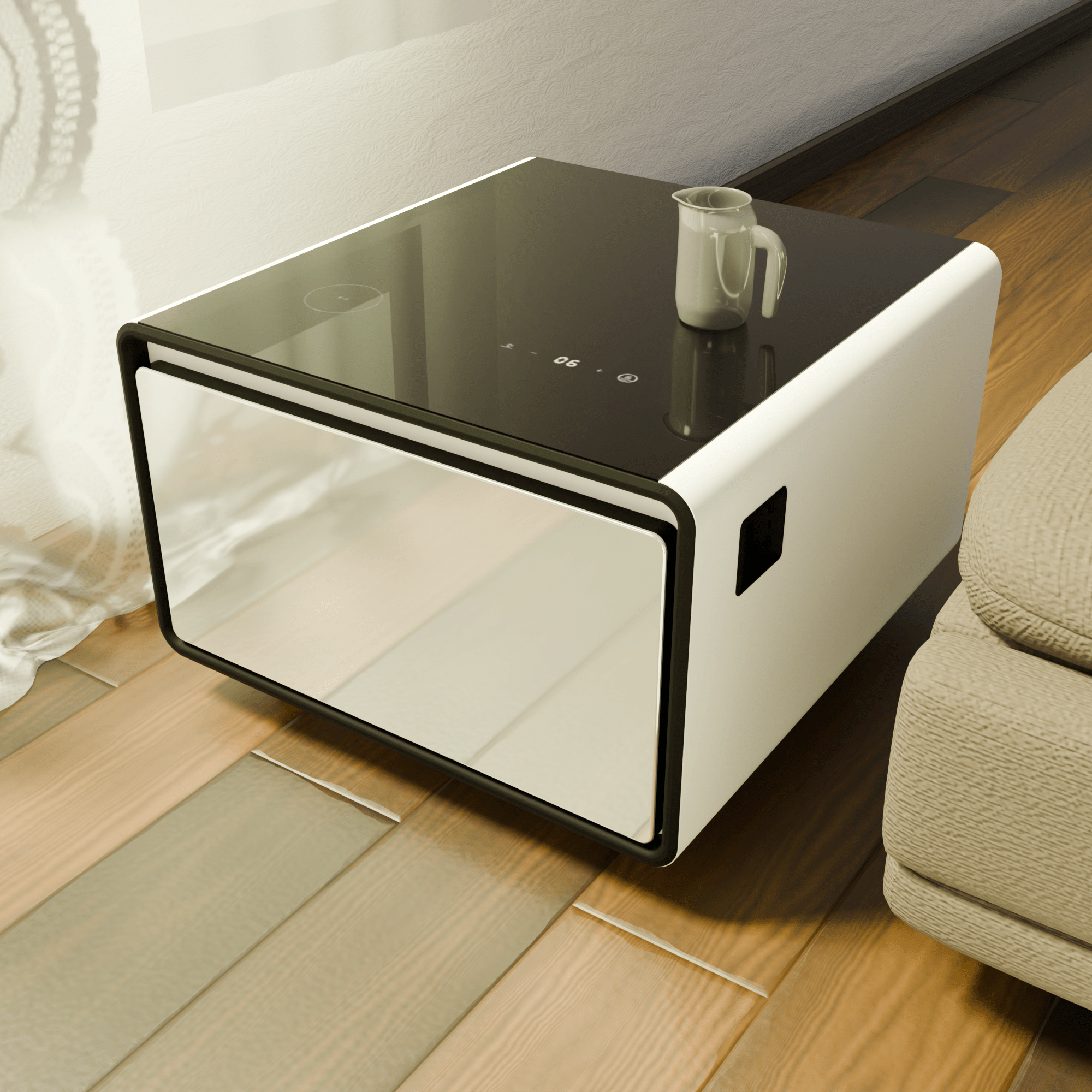 Modern Smart Side Table with Built - in Fridge Temperature Control White