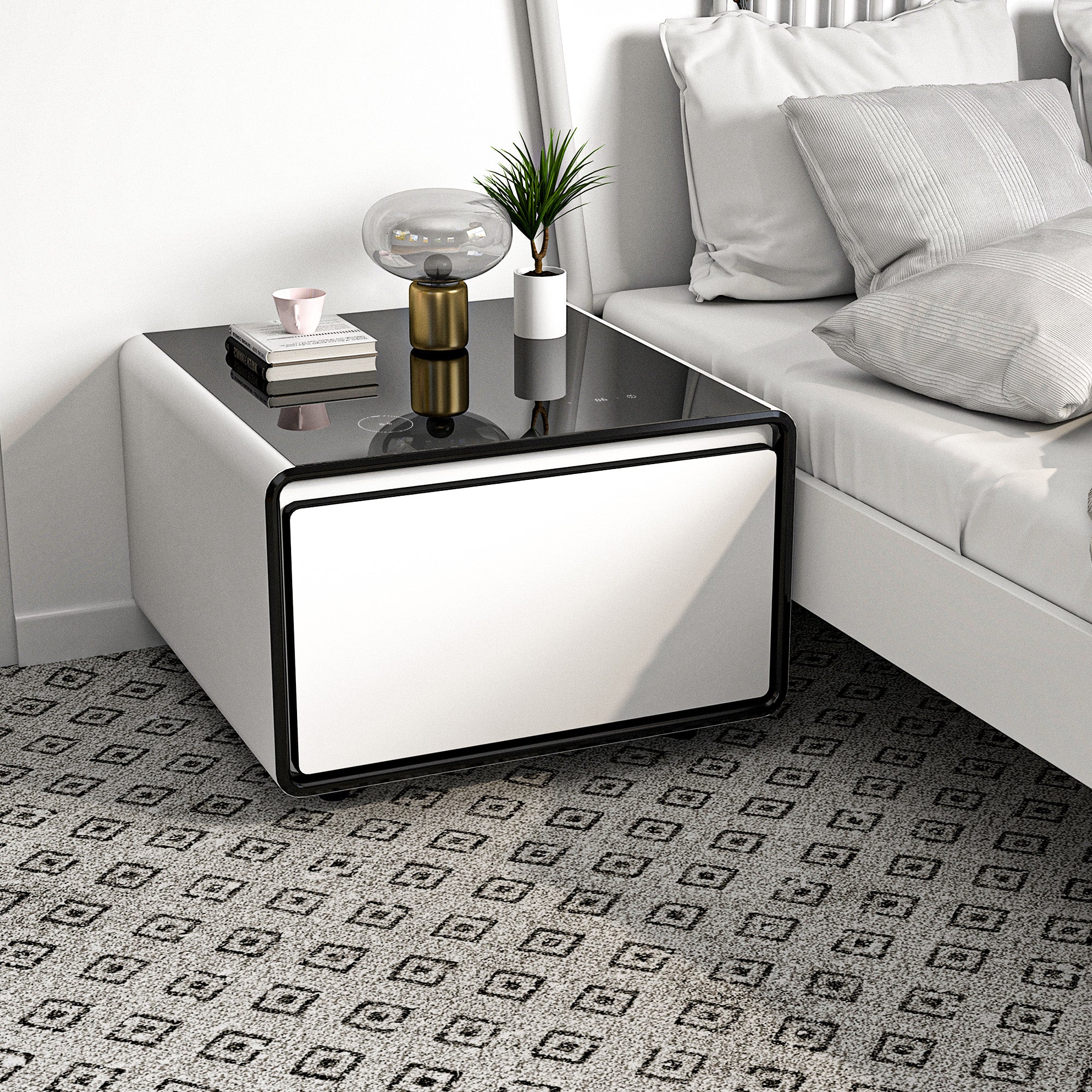 Modern Smart Side Table with Built - in Fridge Temperature Control White
