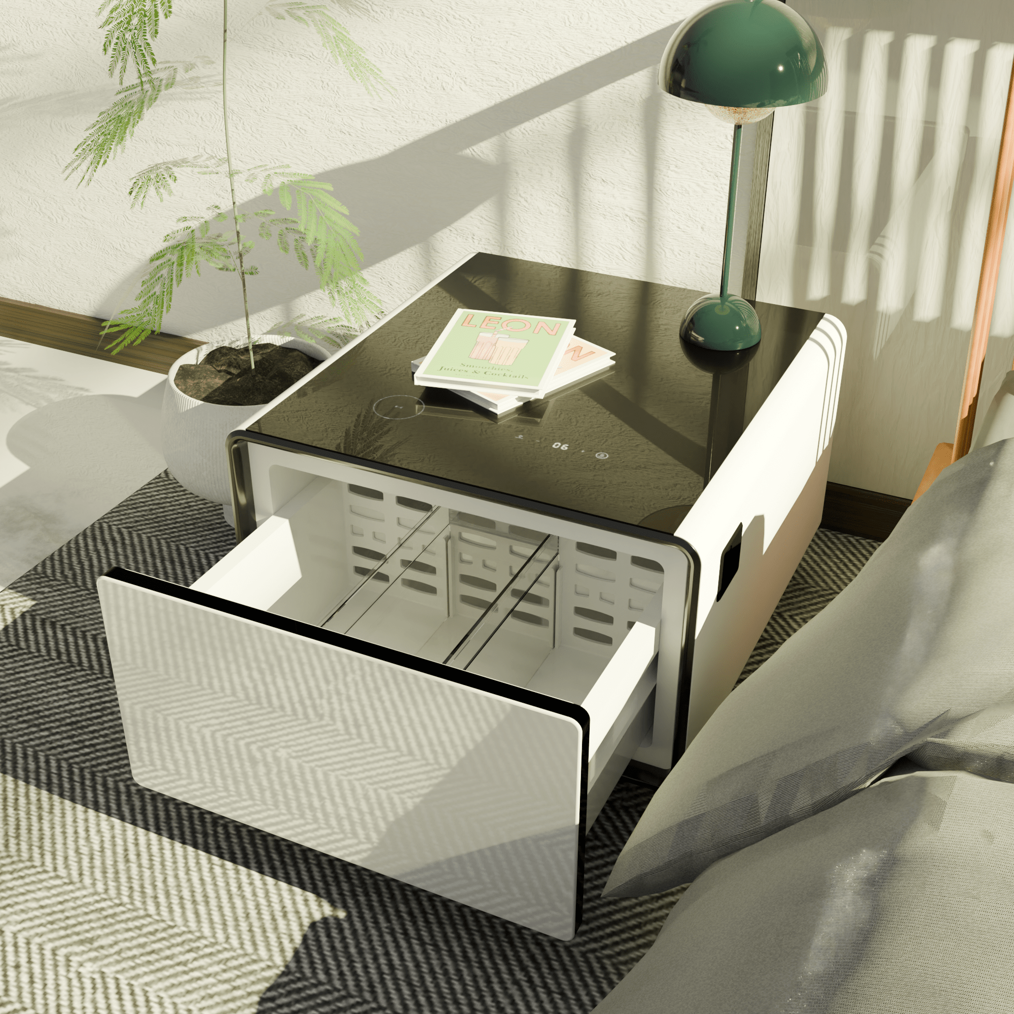 Modern Smart Side Table with Built - in Fridge Temperature Control White