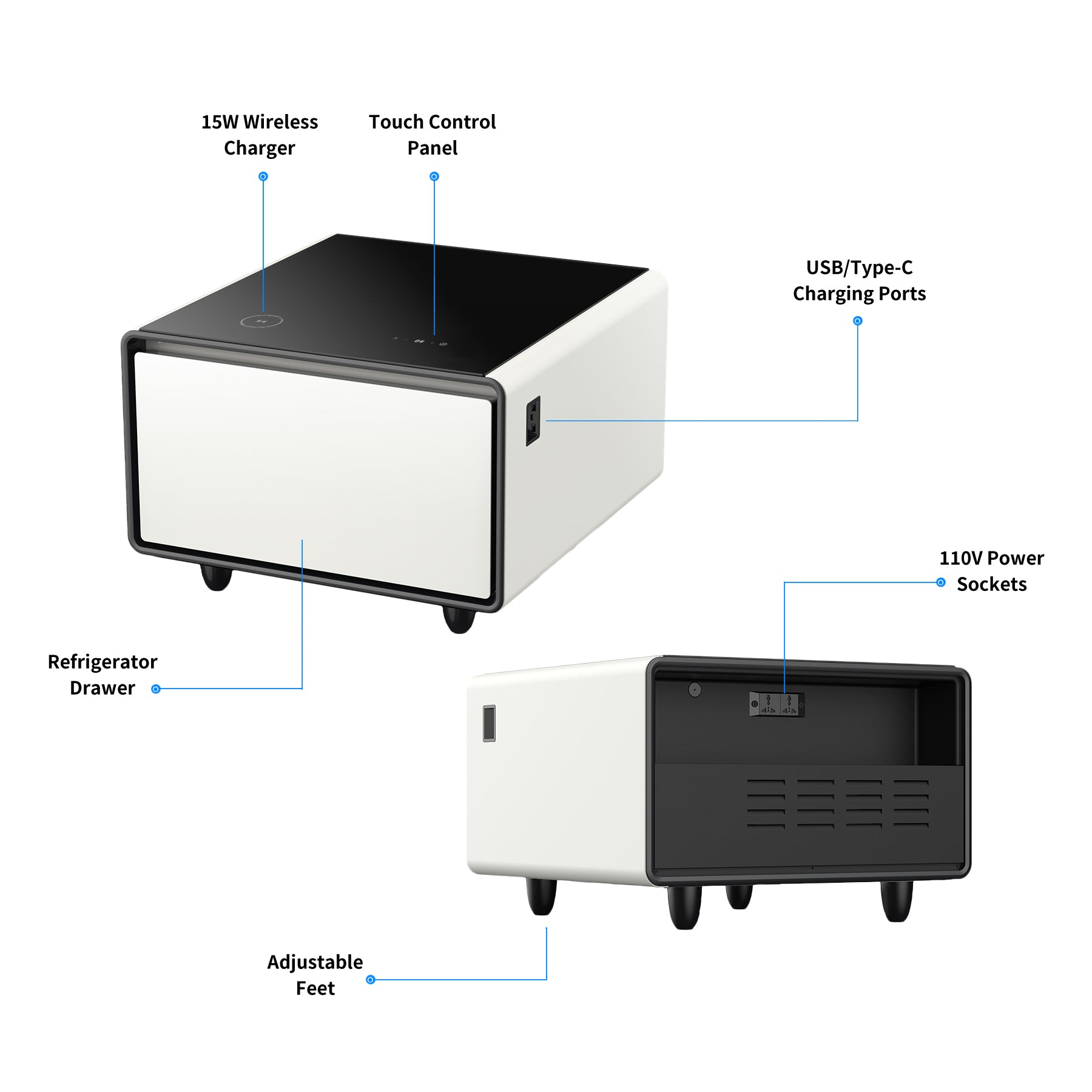 Modern Smart Side Table with Built - in Fridge Temperature Control White