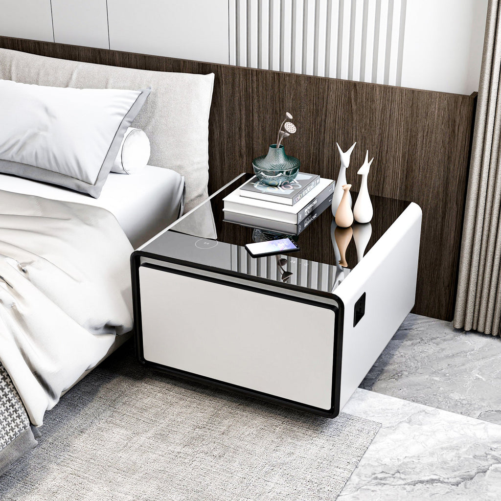 Modern Smart Side Table with Built - in Fridge Temperature Control White