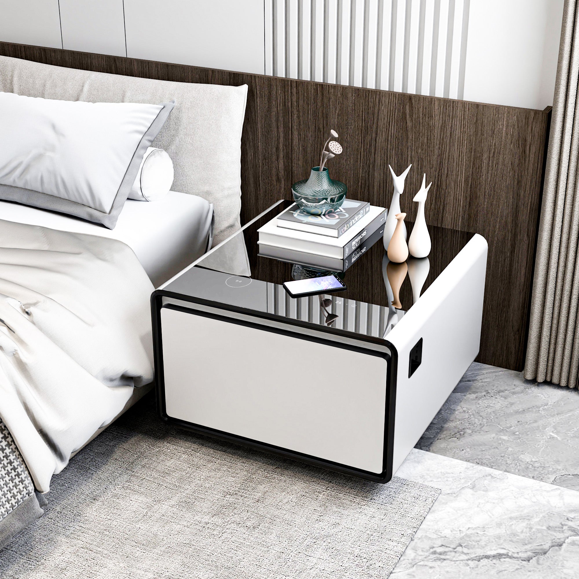 Modern Smart Side Table with Built - in Fridge Temperature Control White