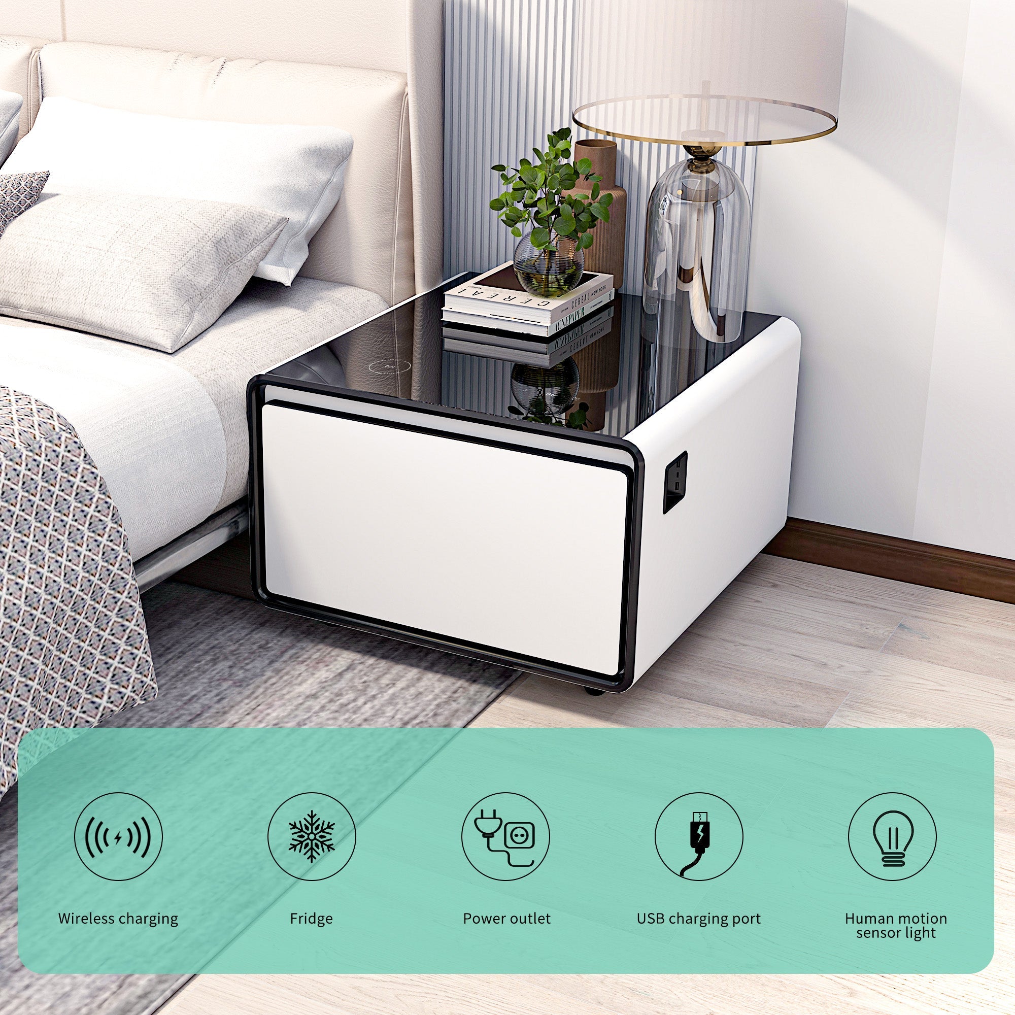 Modern Smart Side Table with Built - in Fridge Temperature Control White