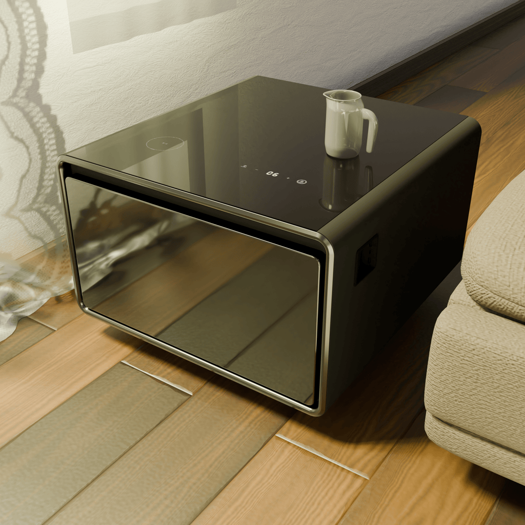 Modern Smart Side Table with Built - in Fridge Wireless Charging Black