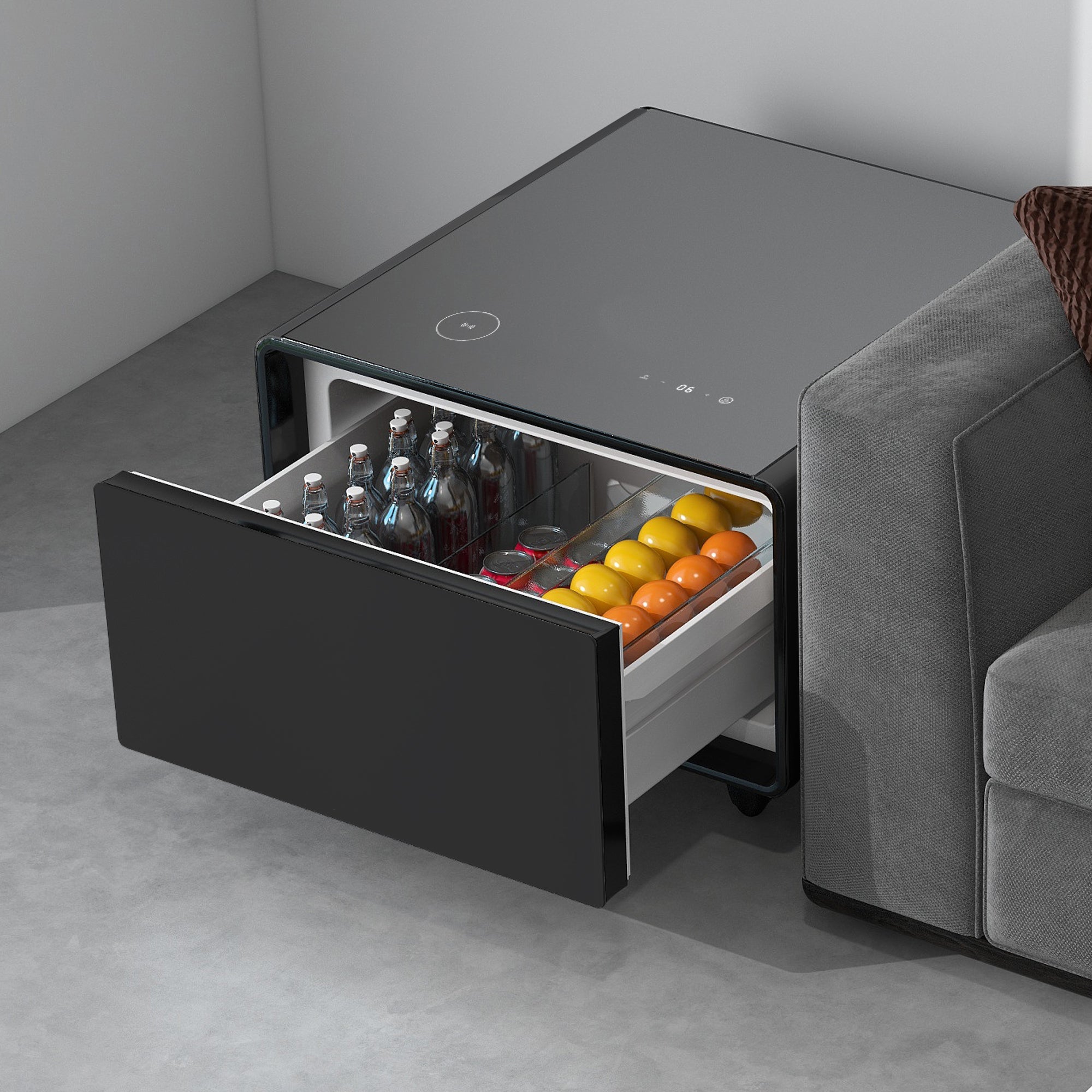 Modern Smart Side Table with Built - in Fridge Wireless Charging Black