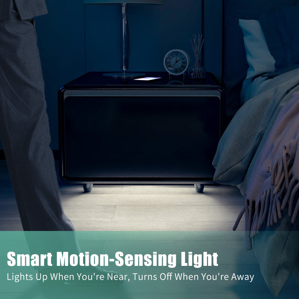 Modern Smart Side Table with Built - in Fridge Wireless Charging Black