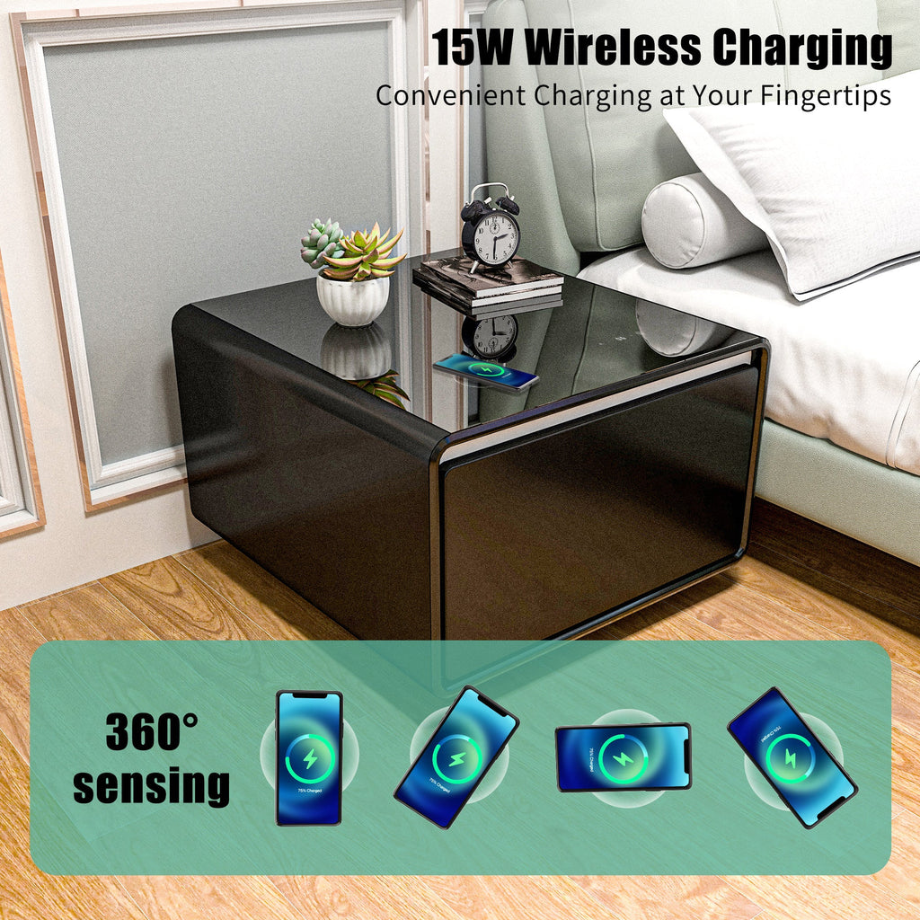 Modern Smart Side Table with Built - in Fridge Wireless Charging Black