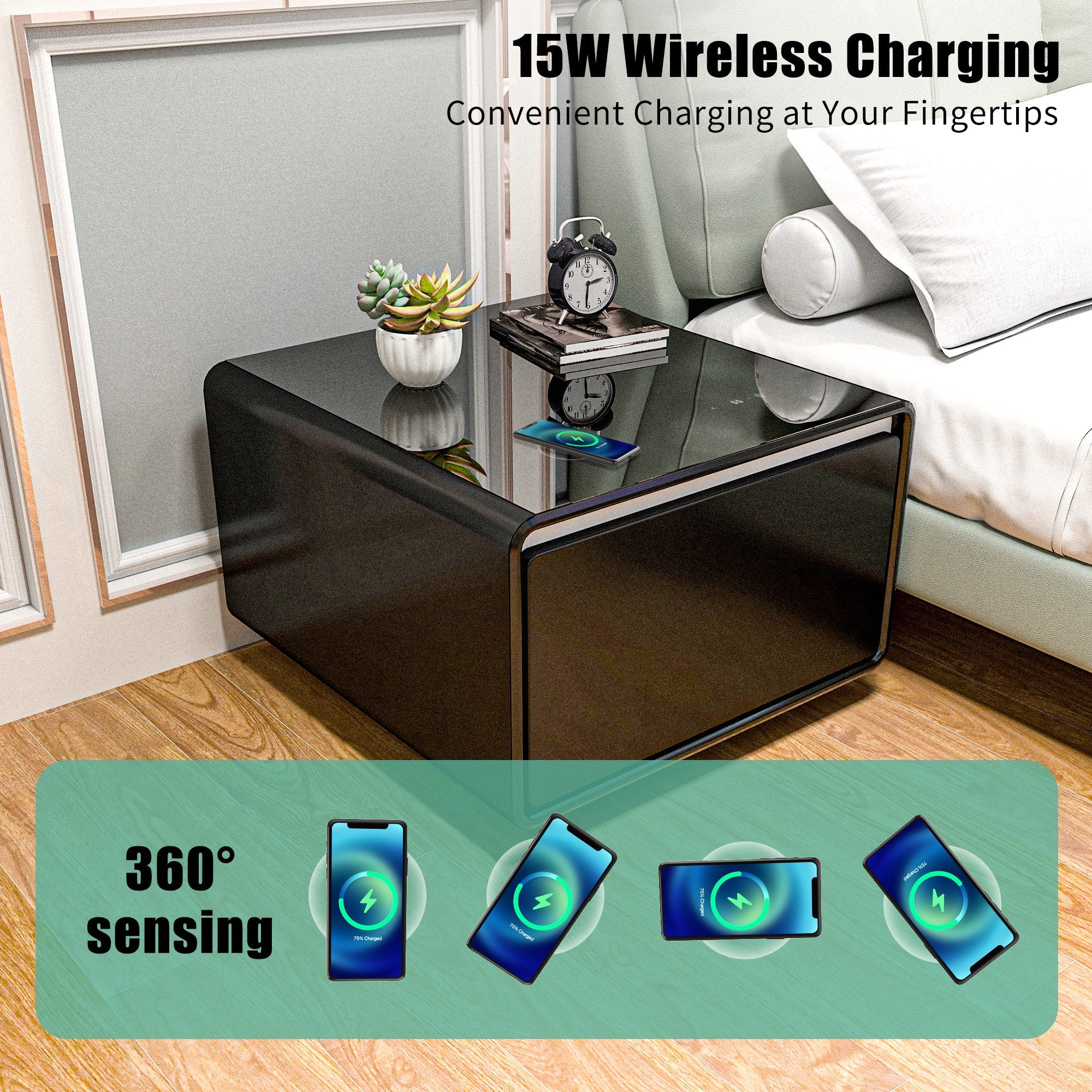 Modern Smart Side Table with Built - in Fridge Wireless Charging Black