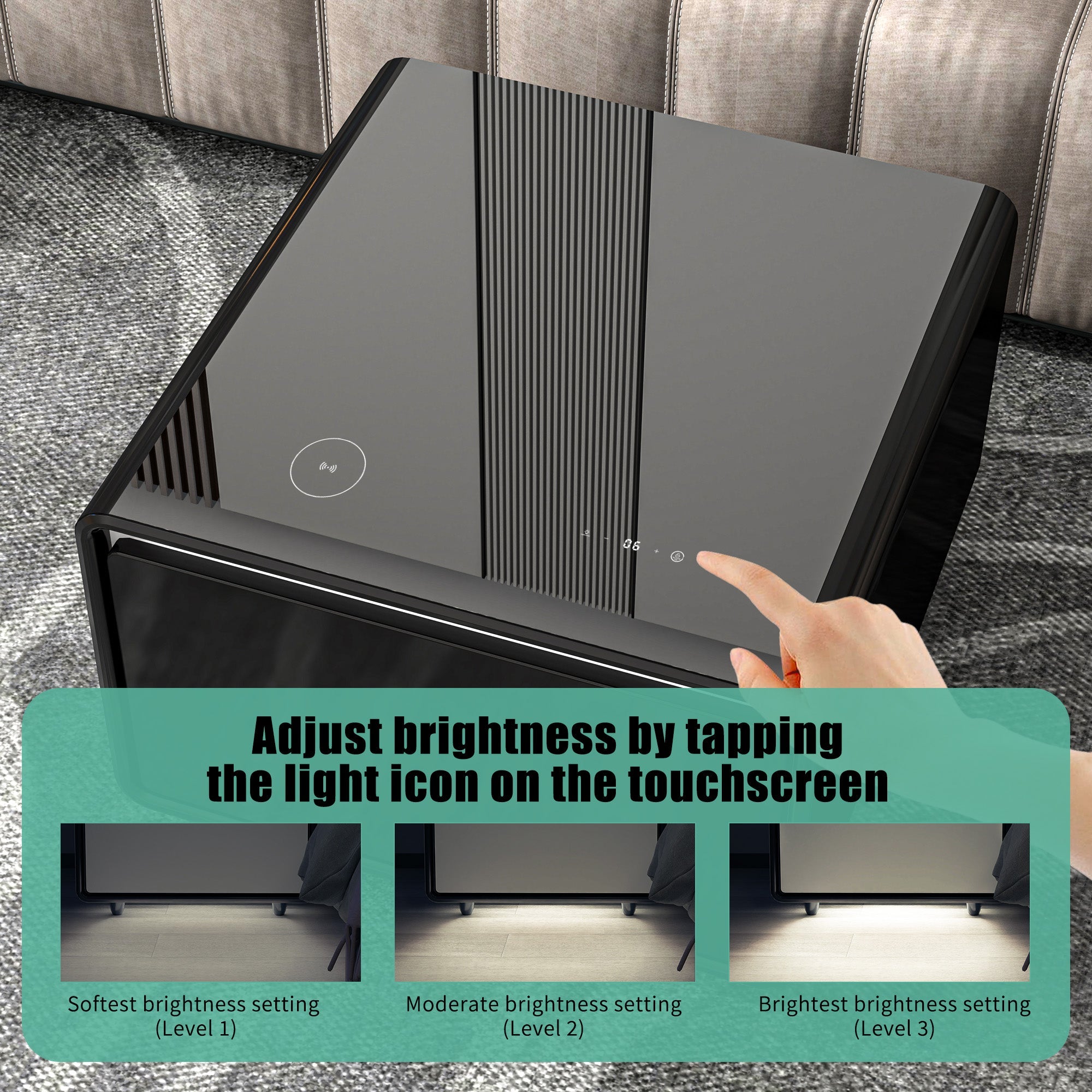 Modern Smart Side Table with Built - in Fridge Wireless Charging Black