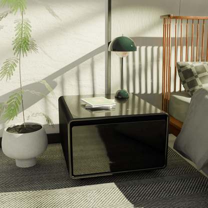 Modern Smart Side Table with Built - in Fridge Wireless Charging Black