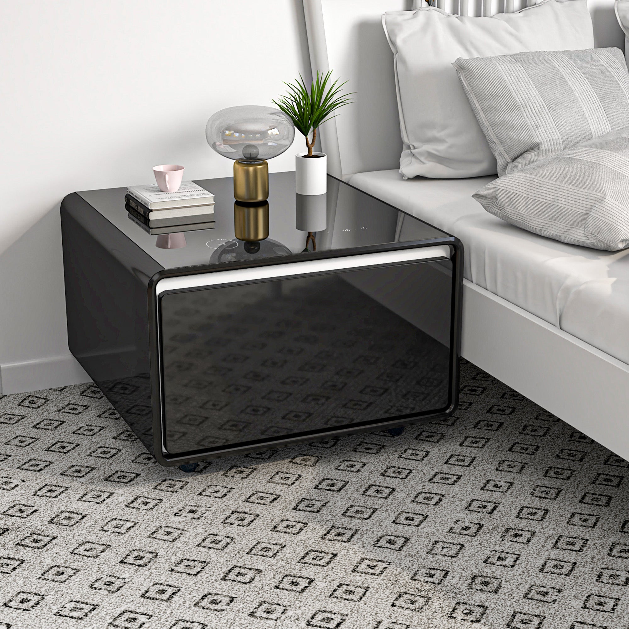 Modern Smart Side Table with Built - in Fridge Wireless Charging Black