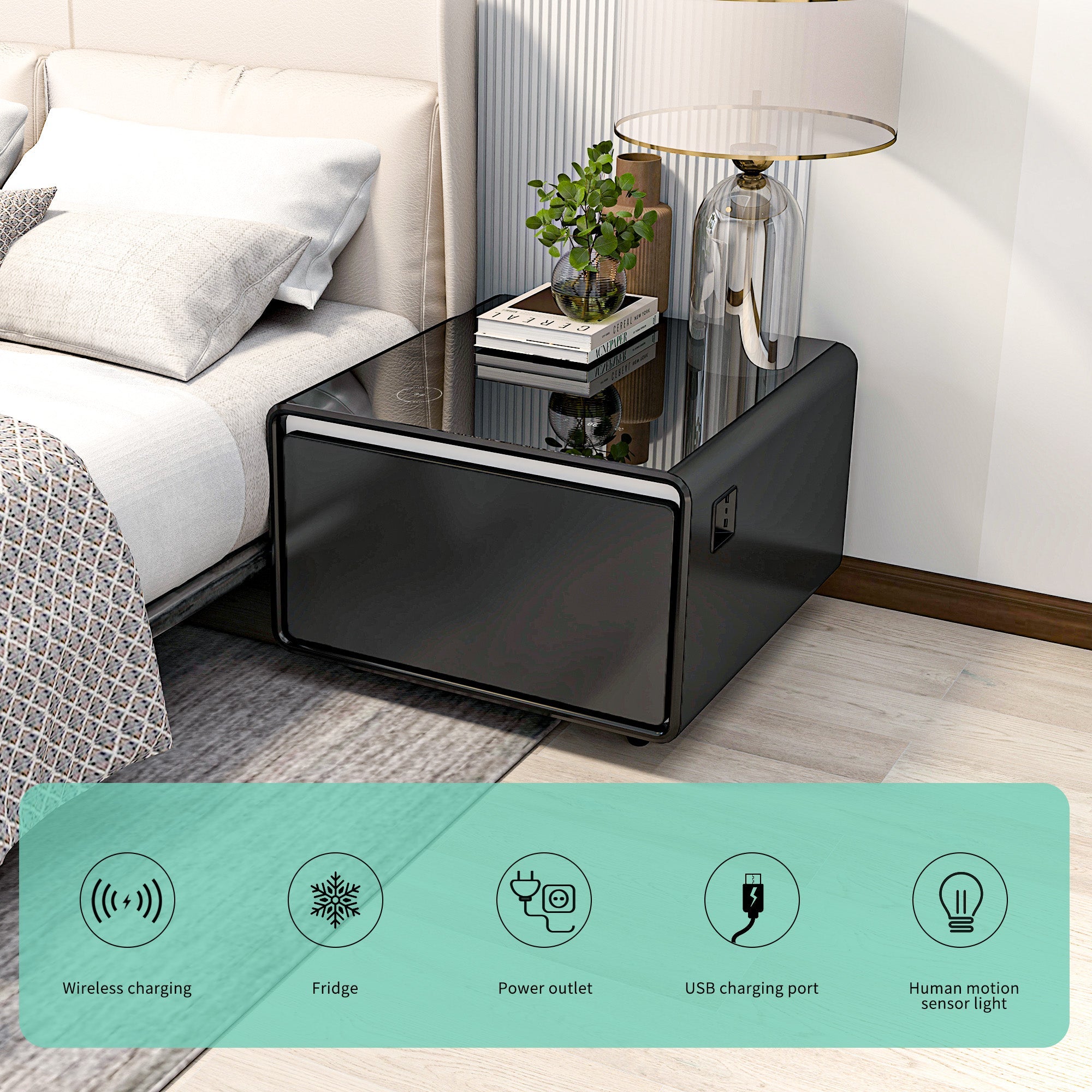 Modern Smart Side Table with Built - in Fridge Wireless Charging Black