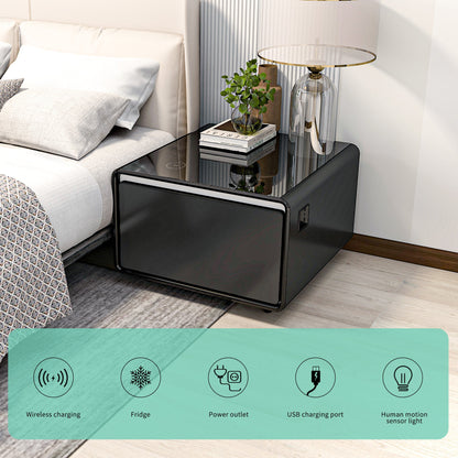Modern Smart Side Table with Built - in Fridge Wireless Charging Black