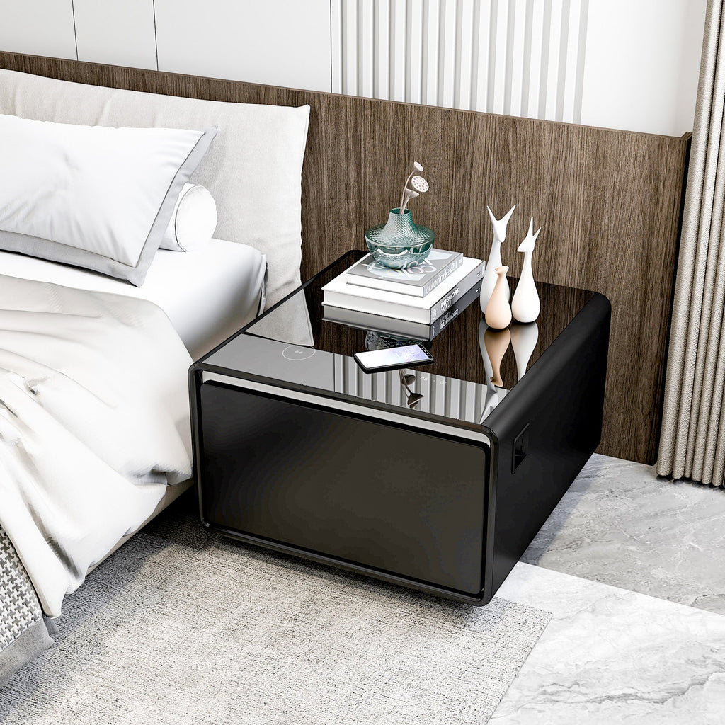 Modern Smart Side Table with Built - in Fridge Wireless Charging Black