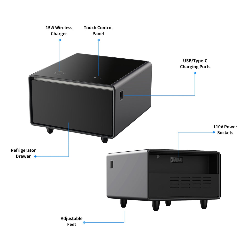 Modern Smart Side Table with Built - in Fridge Wireless Charging Black