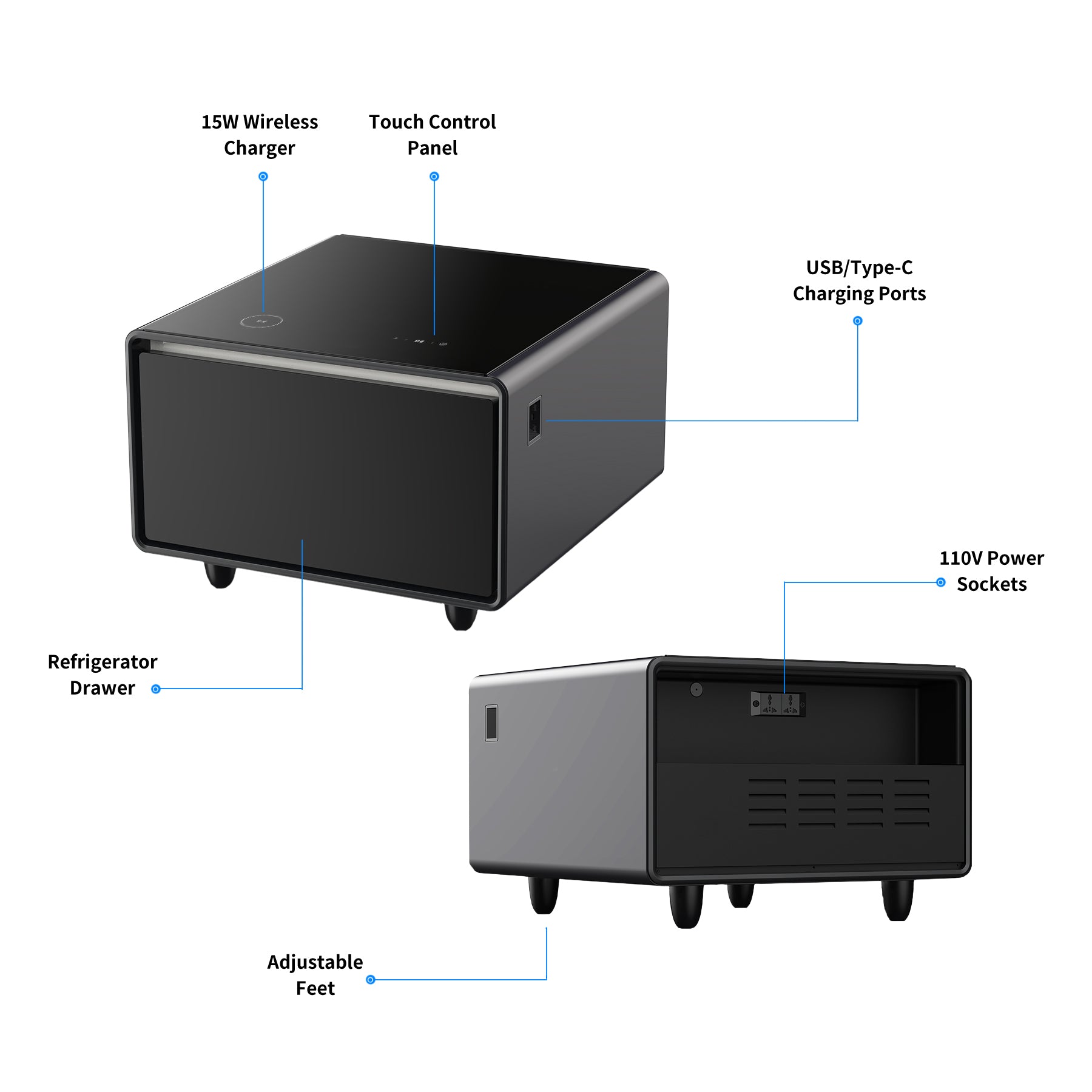 Modern Smart Side Table with Built - in Fridge Wireless Charging Black