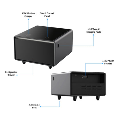 Modern Smart Side Table with Built - in Fridge Wireless Charging Black